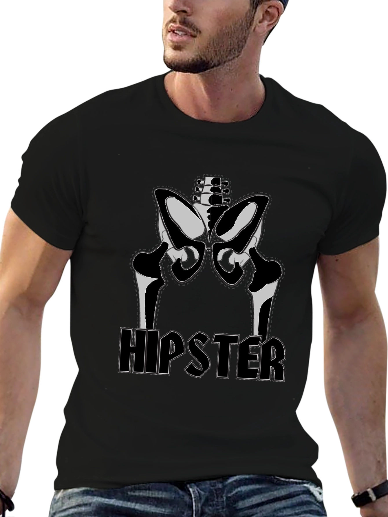 Hipster Skeleton Graphic Tee - Black Cotton T-Shirt