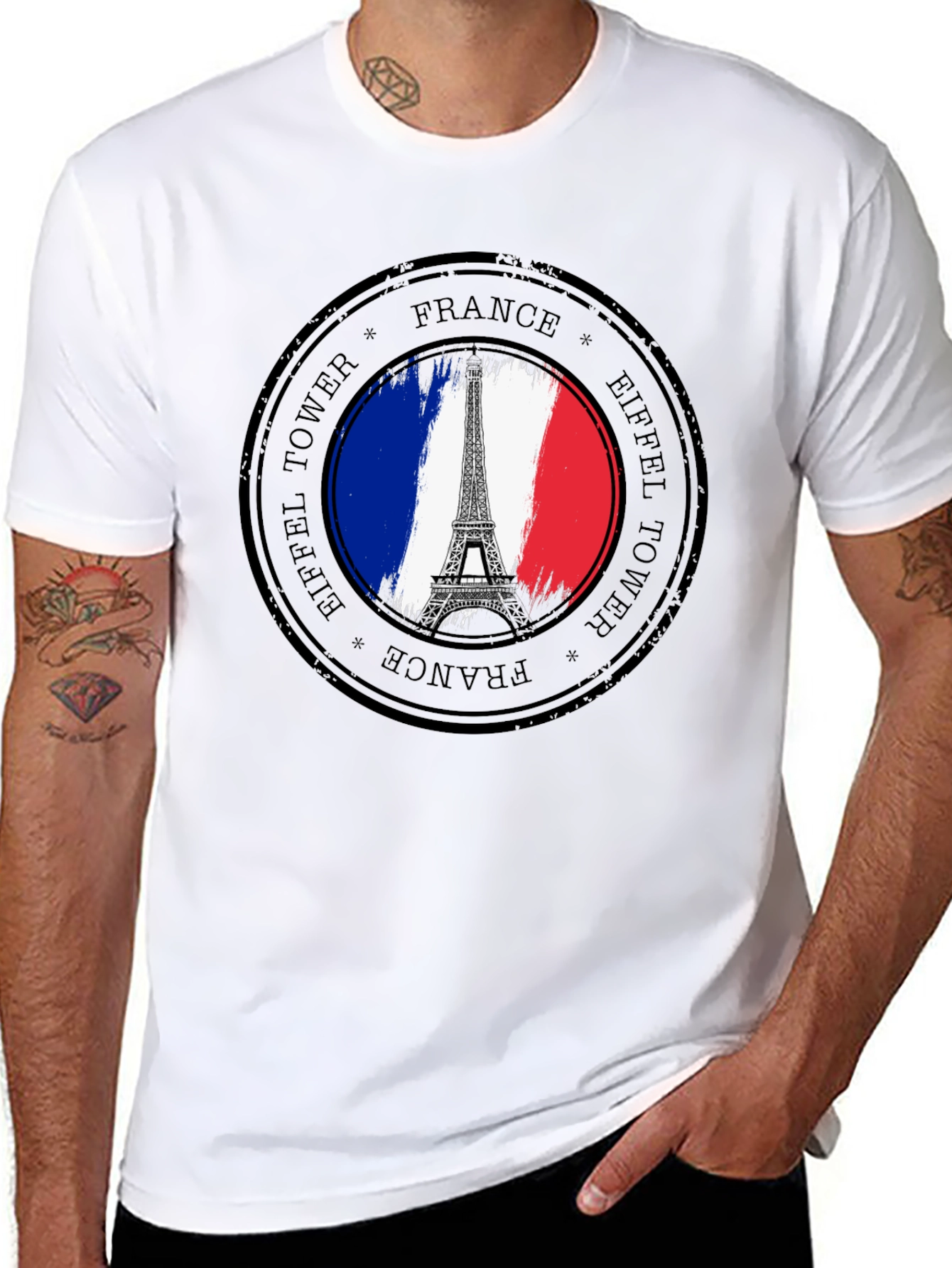 Eiffel Tower France Stamp Black T-Shirt