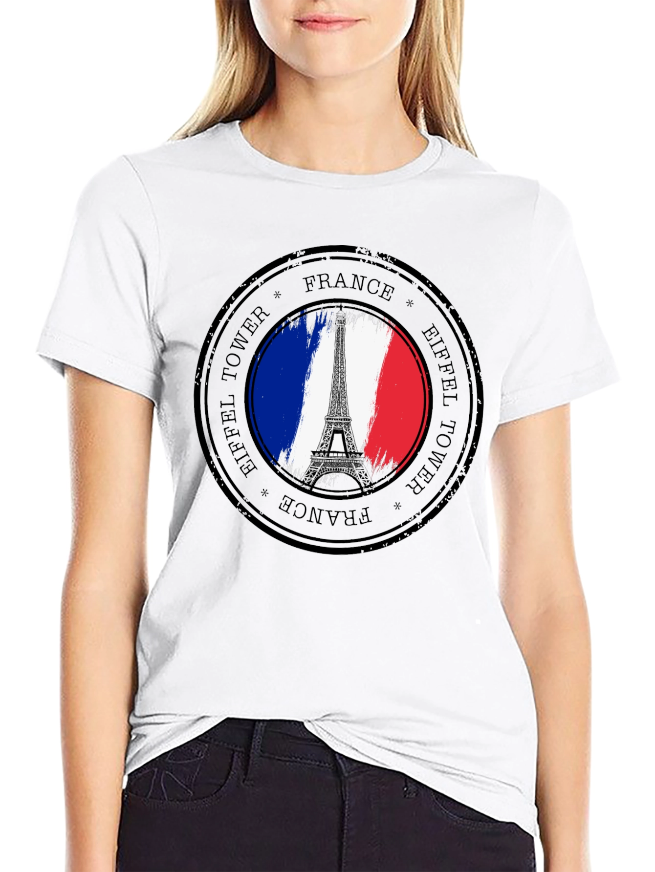Eiffel Tower France Stamp Black T-Shirt