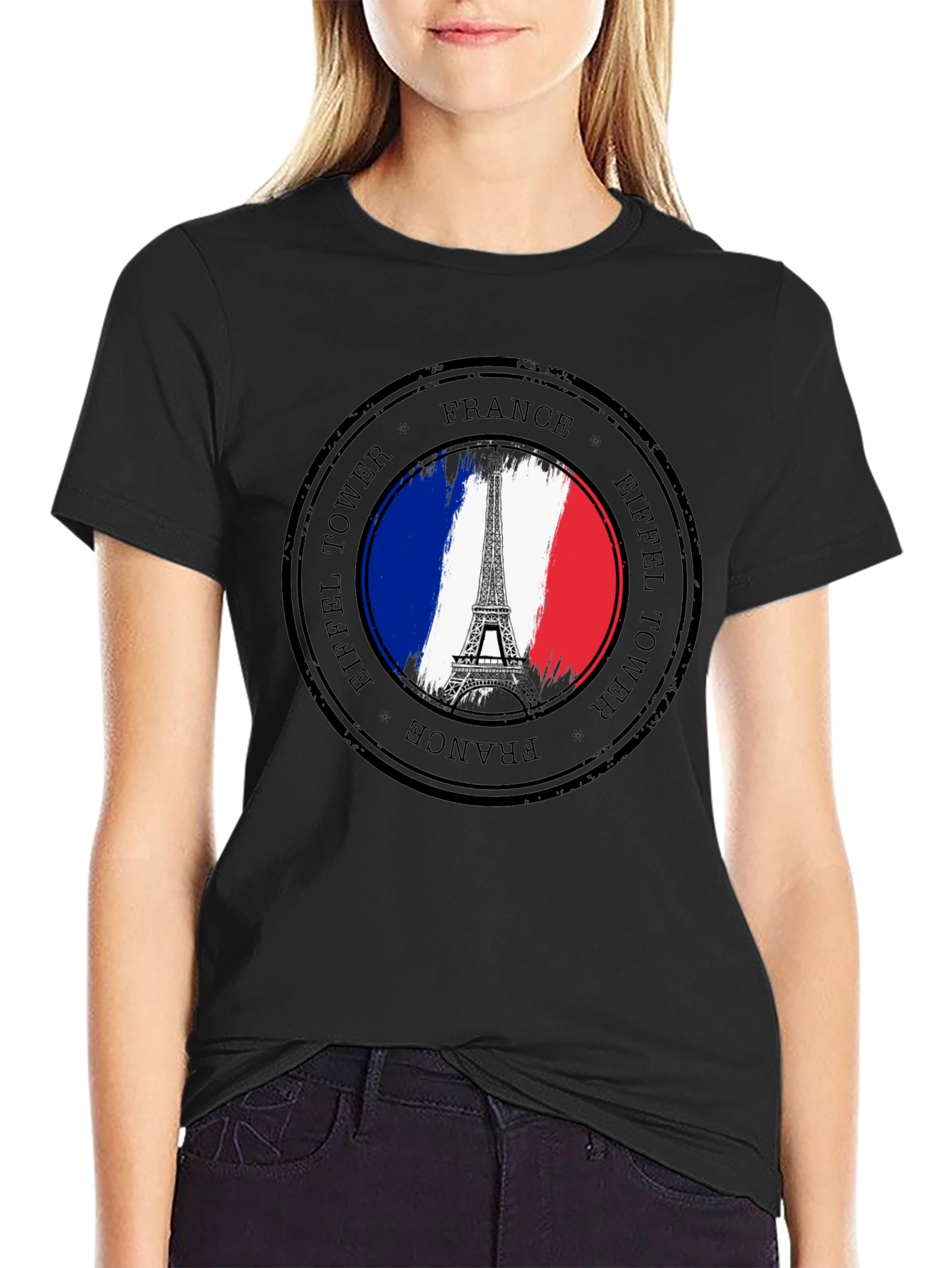 Eiffel Tower France Stamp Black T-Shirt