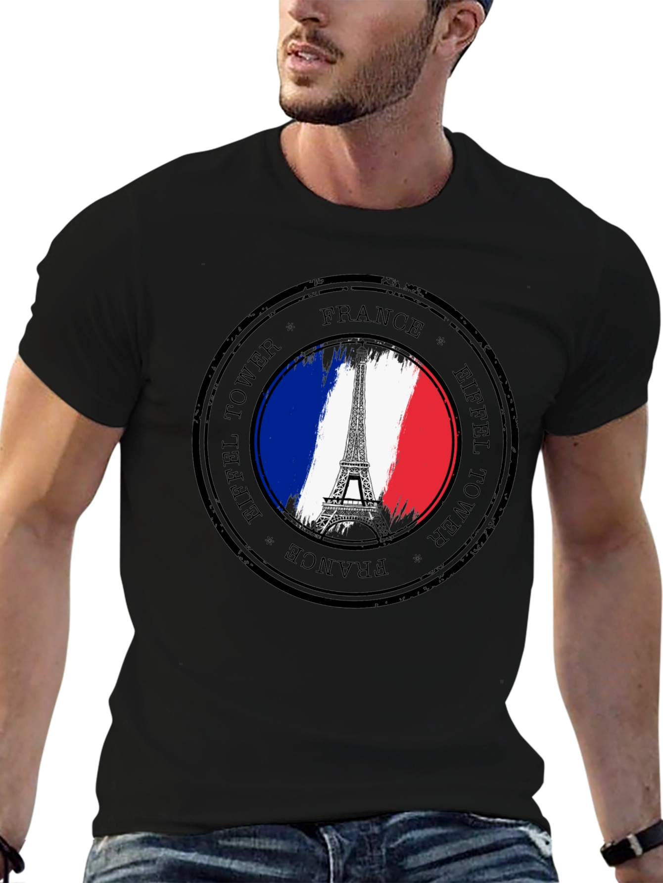 Eiffel Tower France Stamp Black T-Shirt
