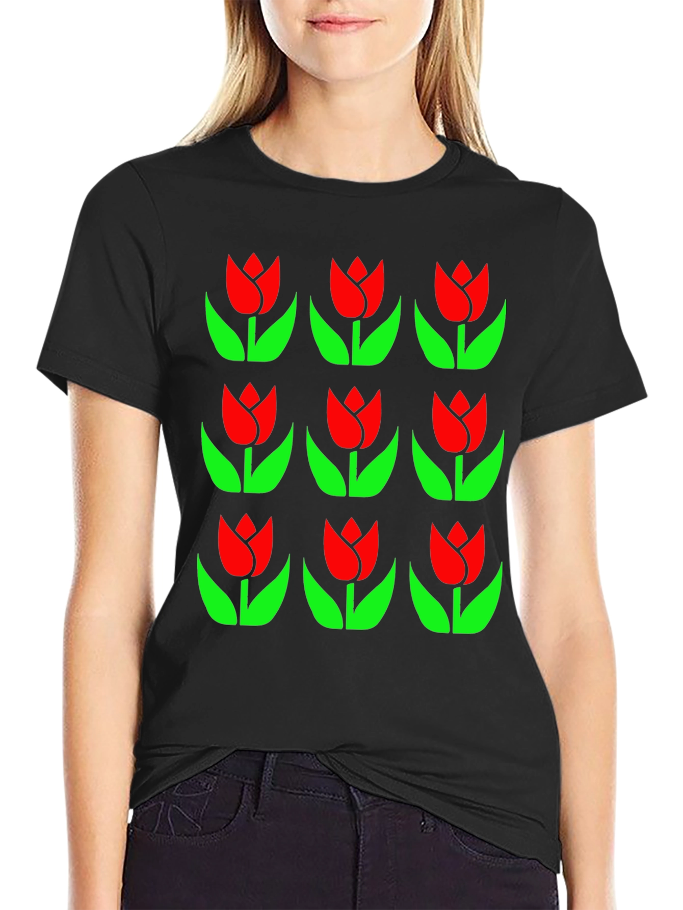 Tulip Pattern Black T-Shirt