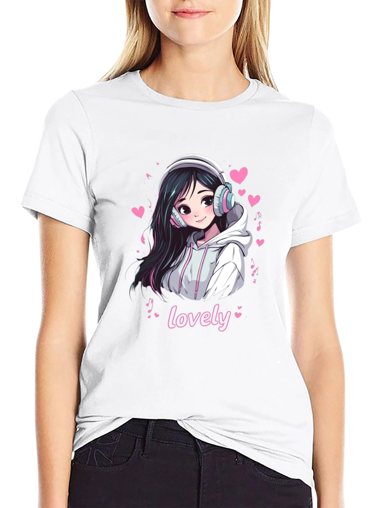 Anime Girl Lovely Graphic Black T-Shirt