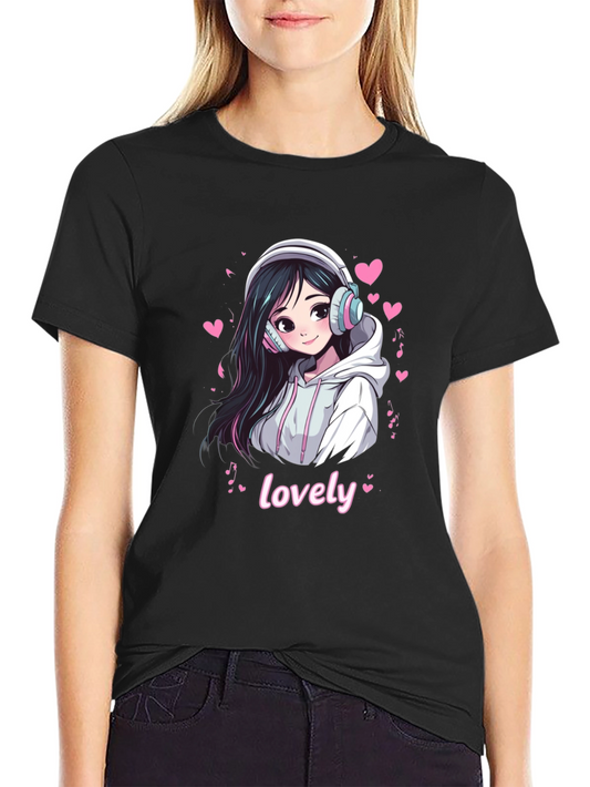 Anime Girl Lovely Graphic Black T-Shirt