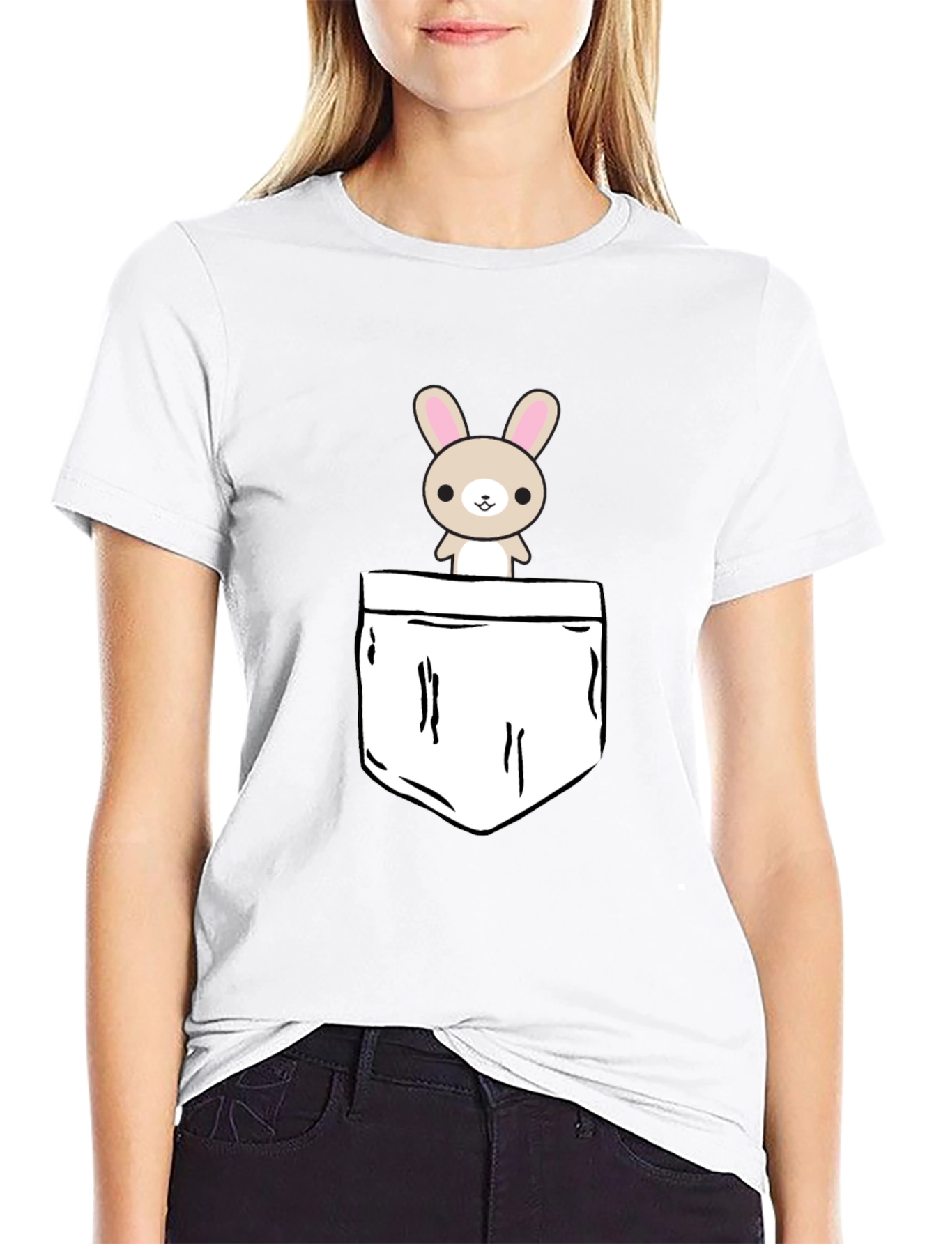 Cute Bunny Pocket Graphic T-Shirt - Black