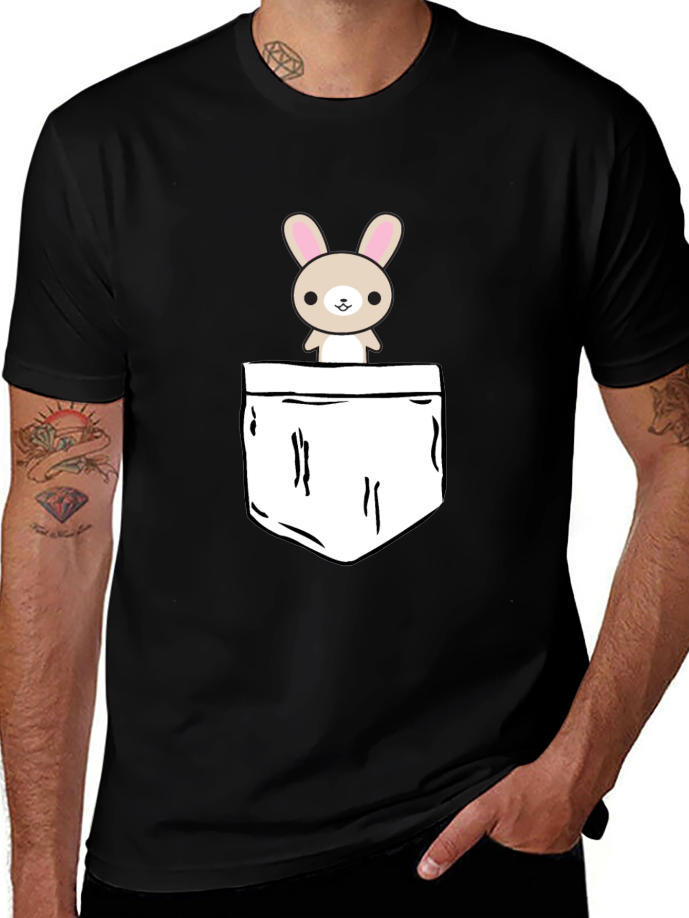 Cute Bunny Pocket Graphic T-Shirt - Black