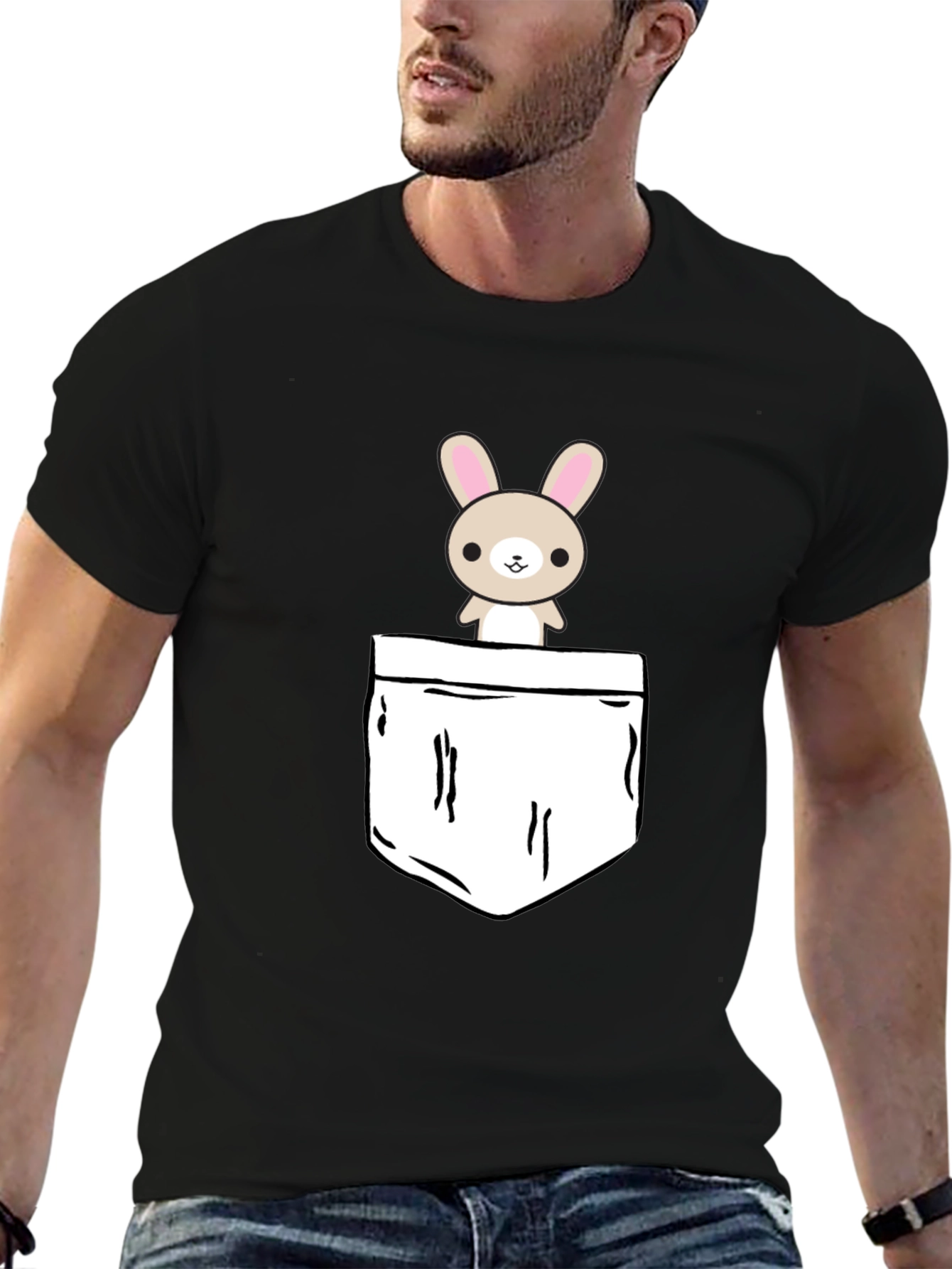 Cute Bunny Pocket Graphic T-Shirt - Black