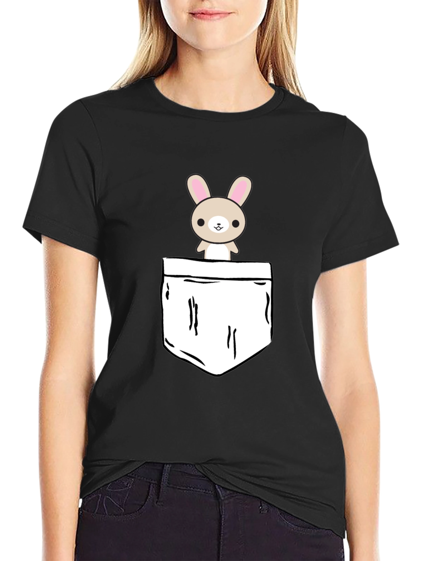 Cute Bunny Pocket Graphic T-Shirt - Black