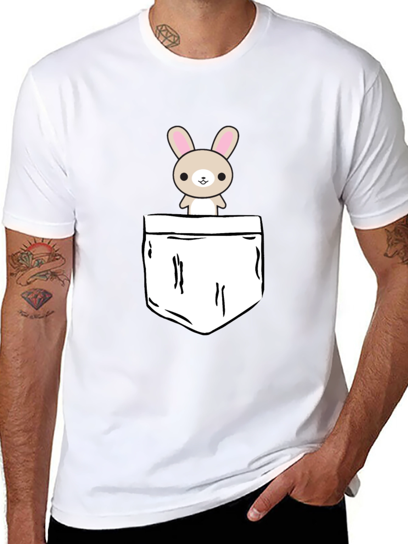 Cute Bunny Pocket Graphic T-Shirt - Black