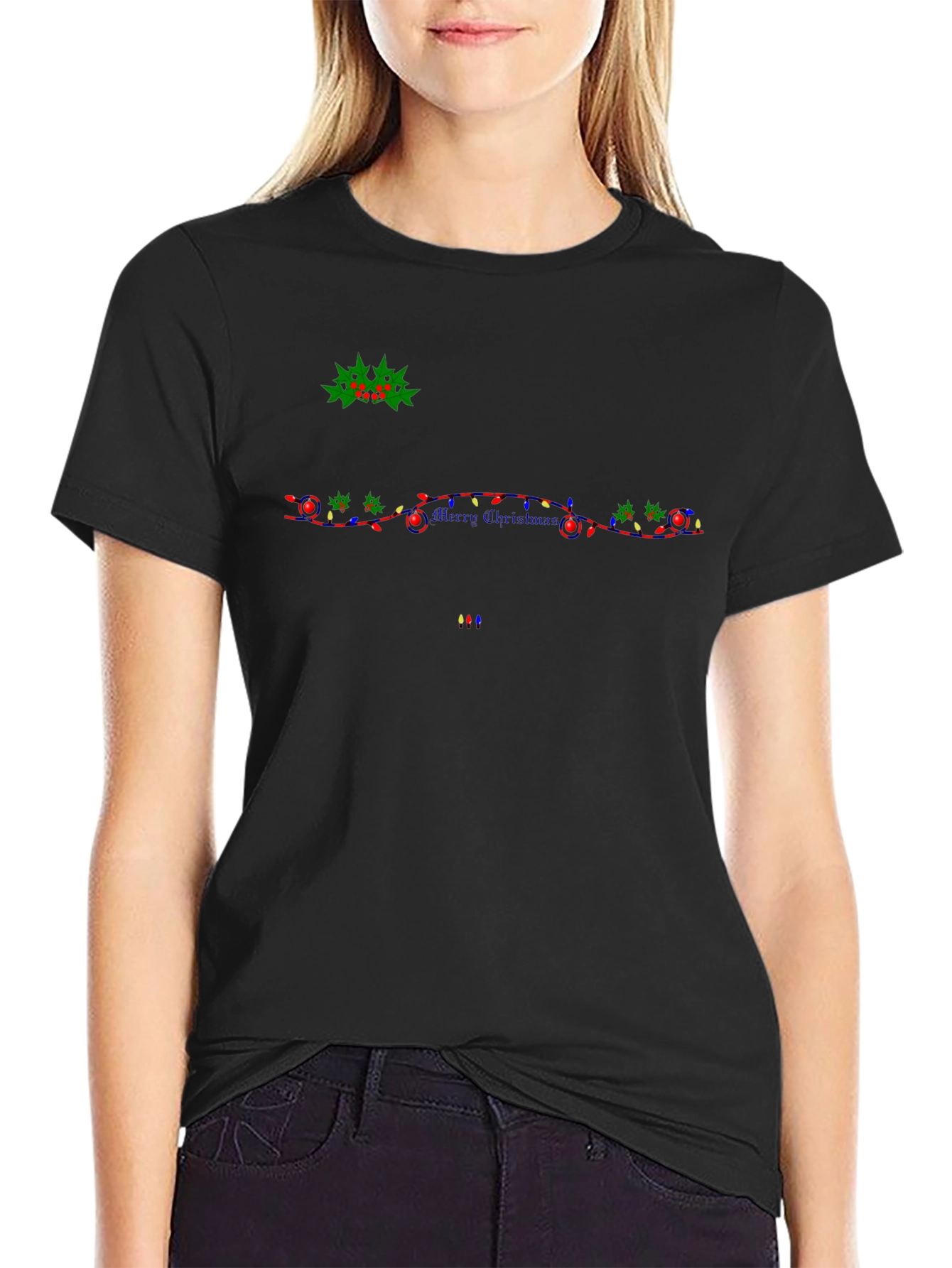 Festive Christmas Lights Graphic Black T-Shirt