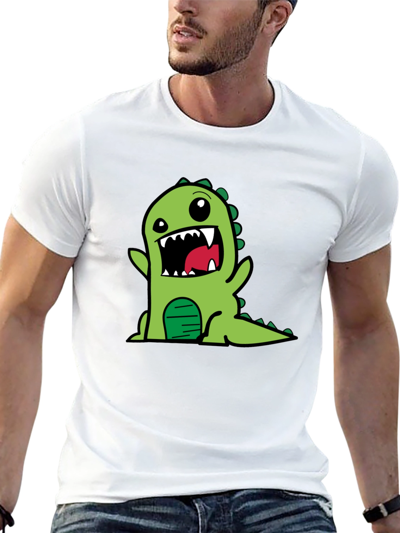 Cartoon Dino Graphic Tee - Black Cotton T-Shirt