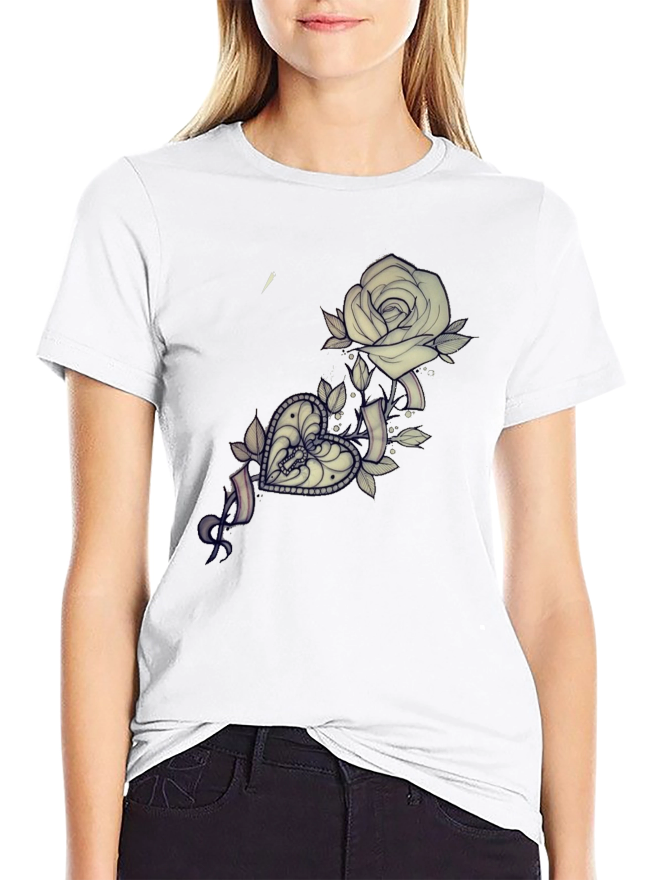 Rose & Heart Tattoo Graphic T-Shirt