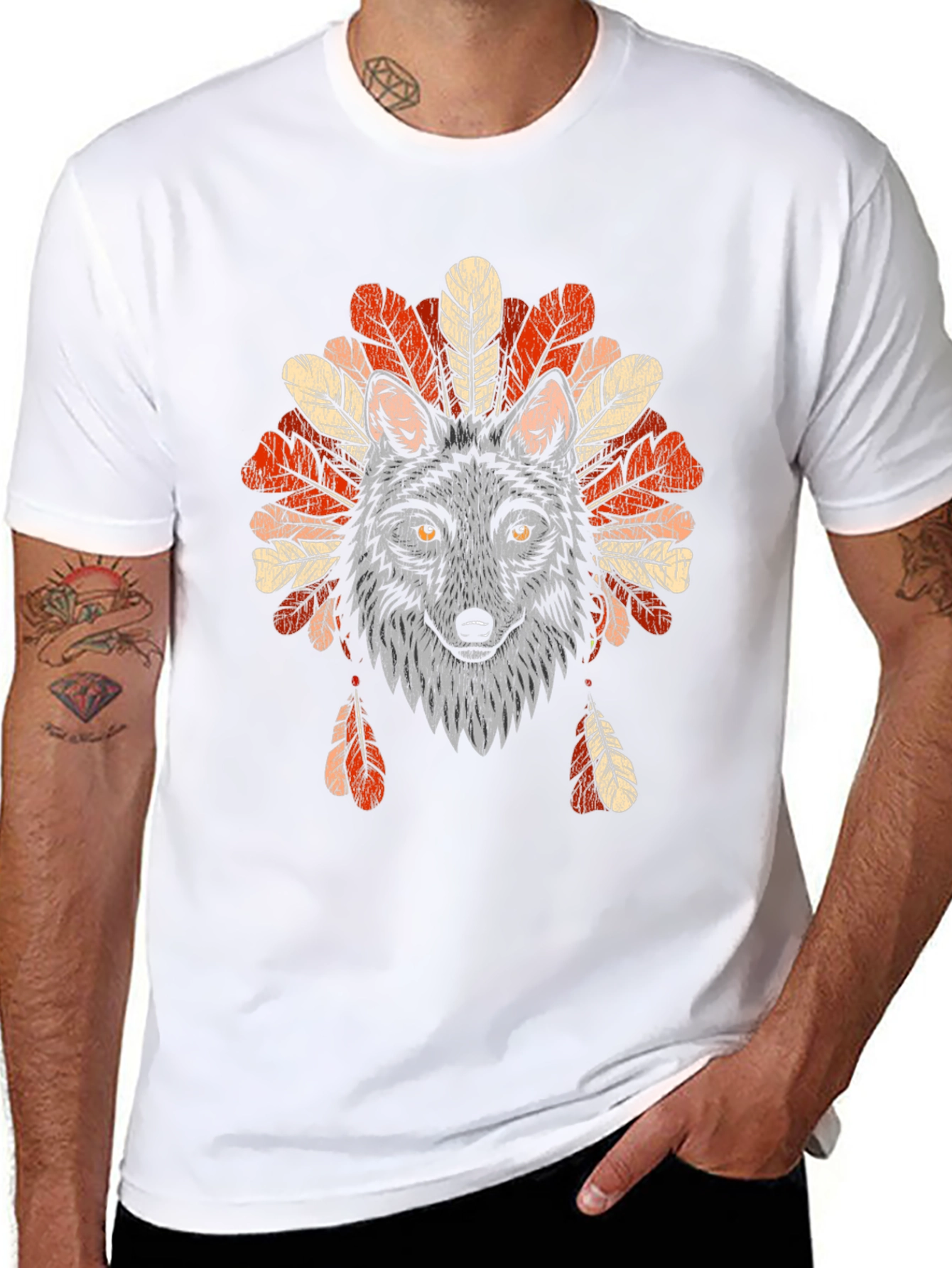 Wolf Headdress Graphic Tee - Native American Style T-Shirt