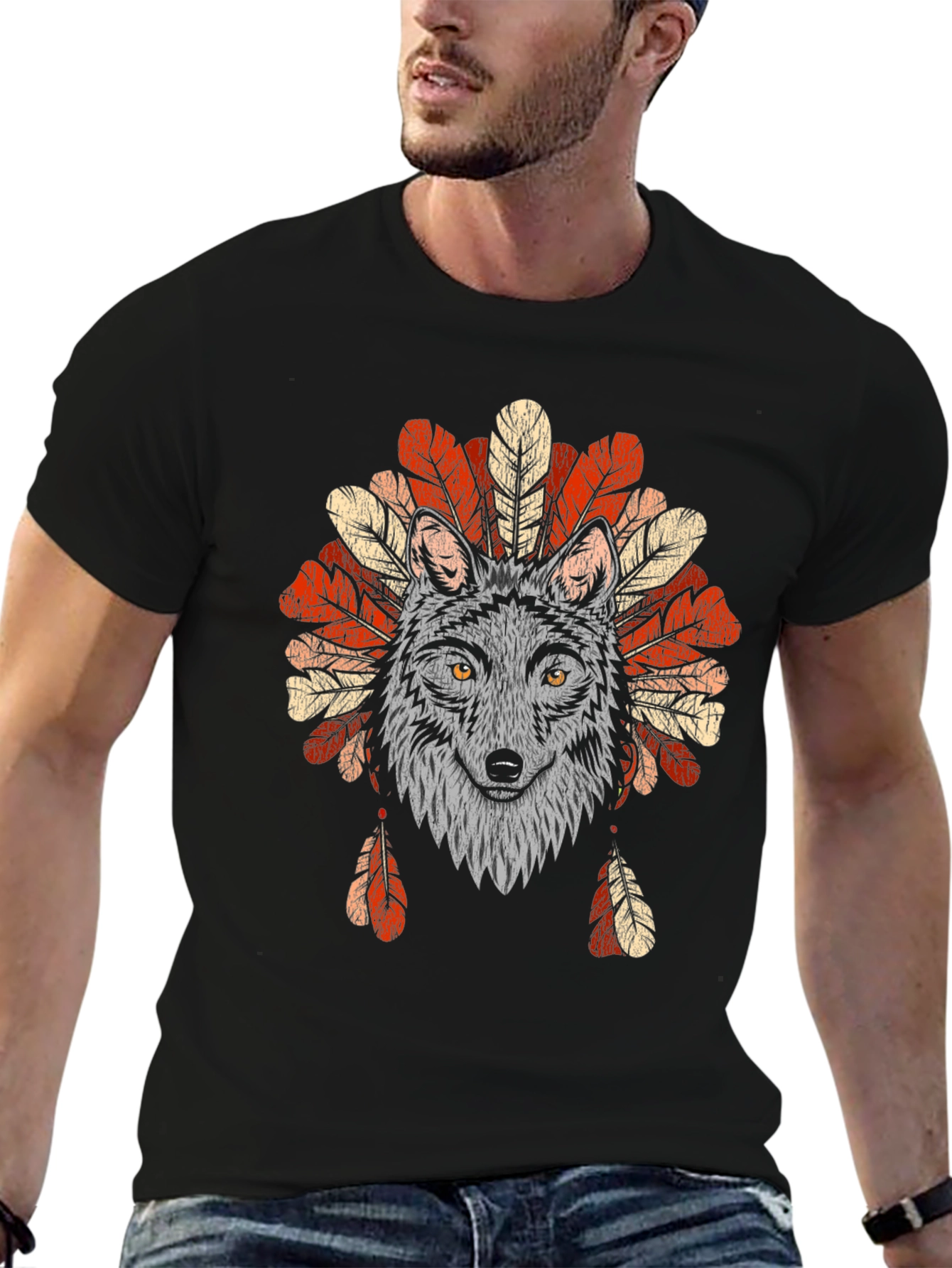 Wolf Headdress Graphic Tee - Native American Style T-Shirt