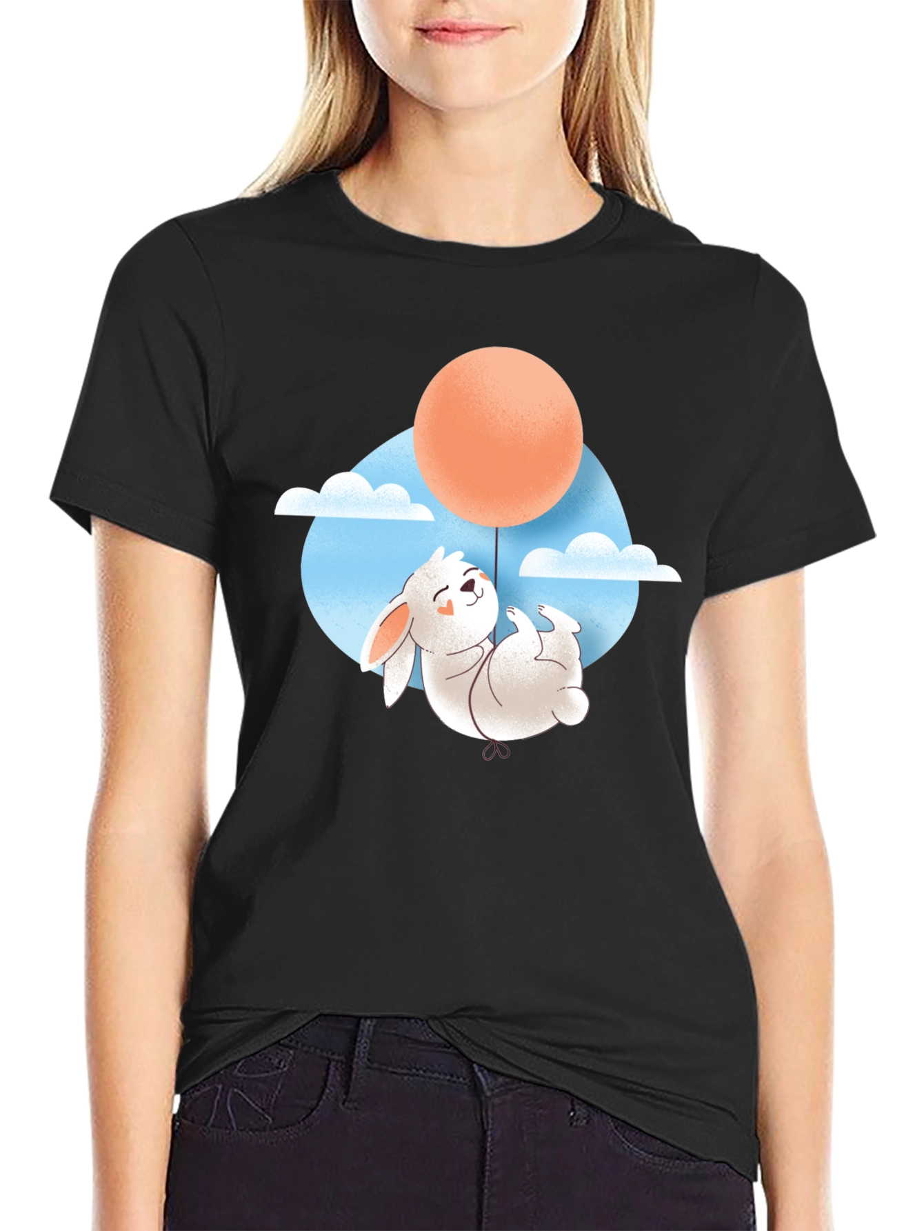 Rabbit Balloon Graphic Tee - Black Cotton T-Shirt
