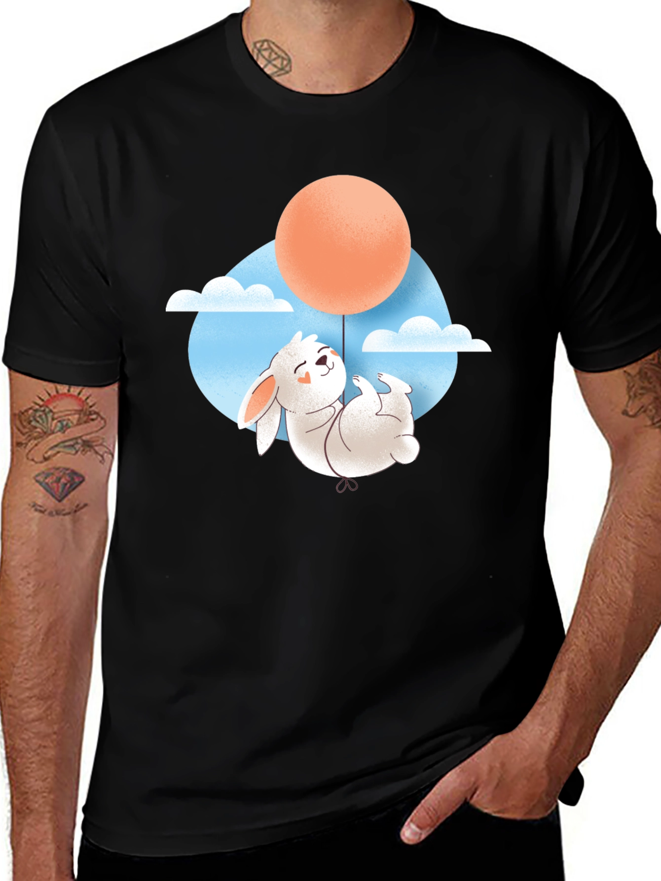 Rabbit Balloon Graphic Tee - Black Cotton T-Shirt