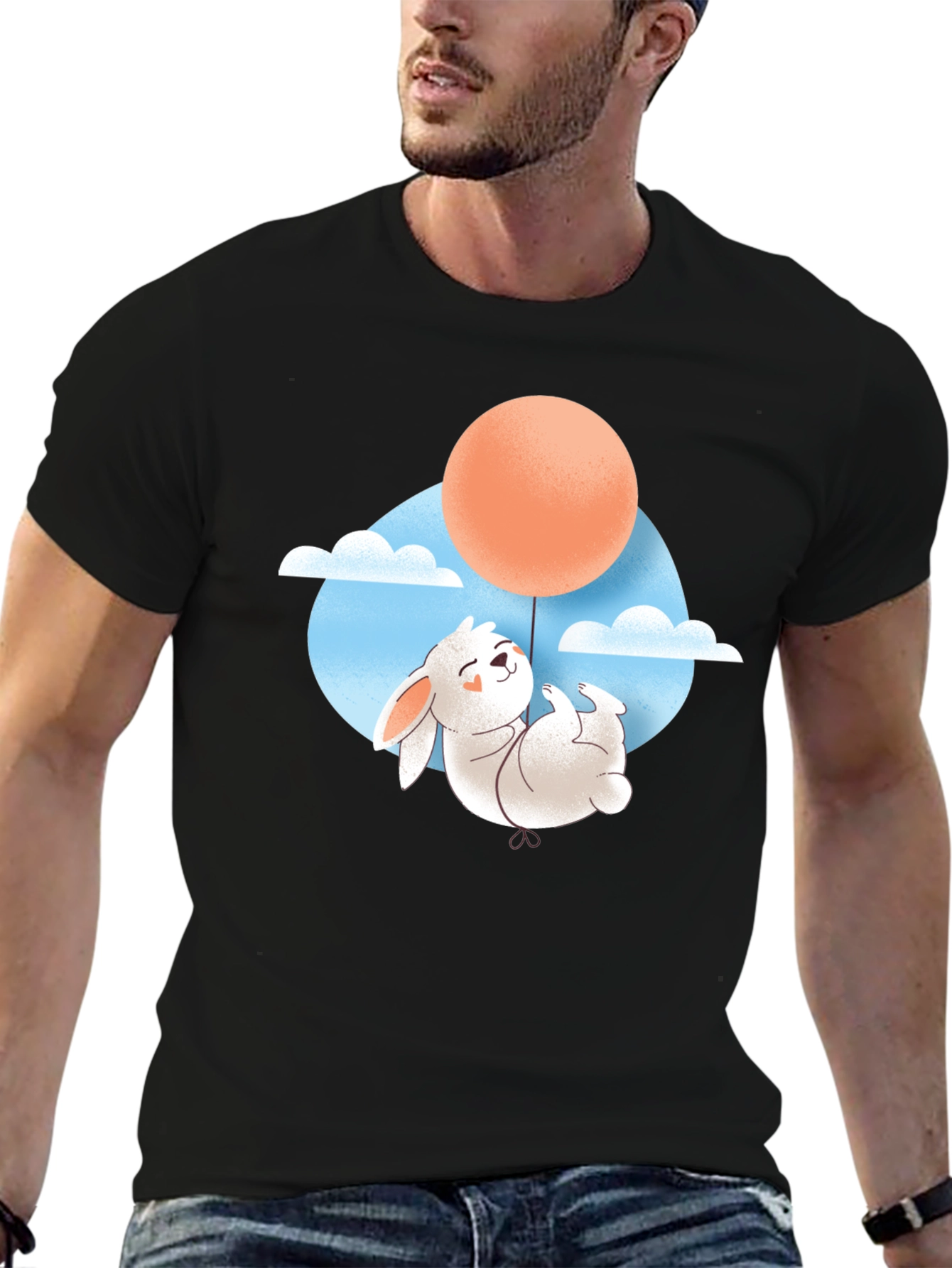 Rabbit Balloon Graphic Tee - Black Cotton T-Shirt