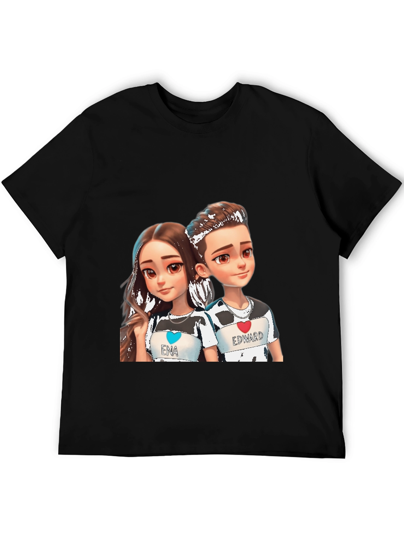 Cartoon Couple Black T-Shirt - Ena & Edward
