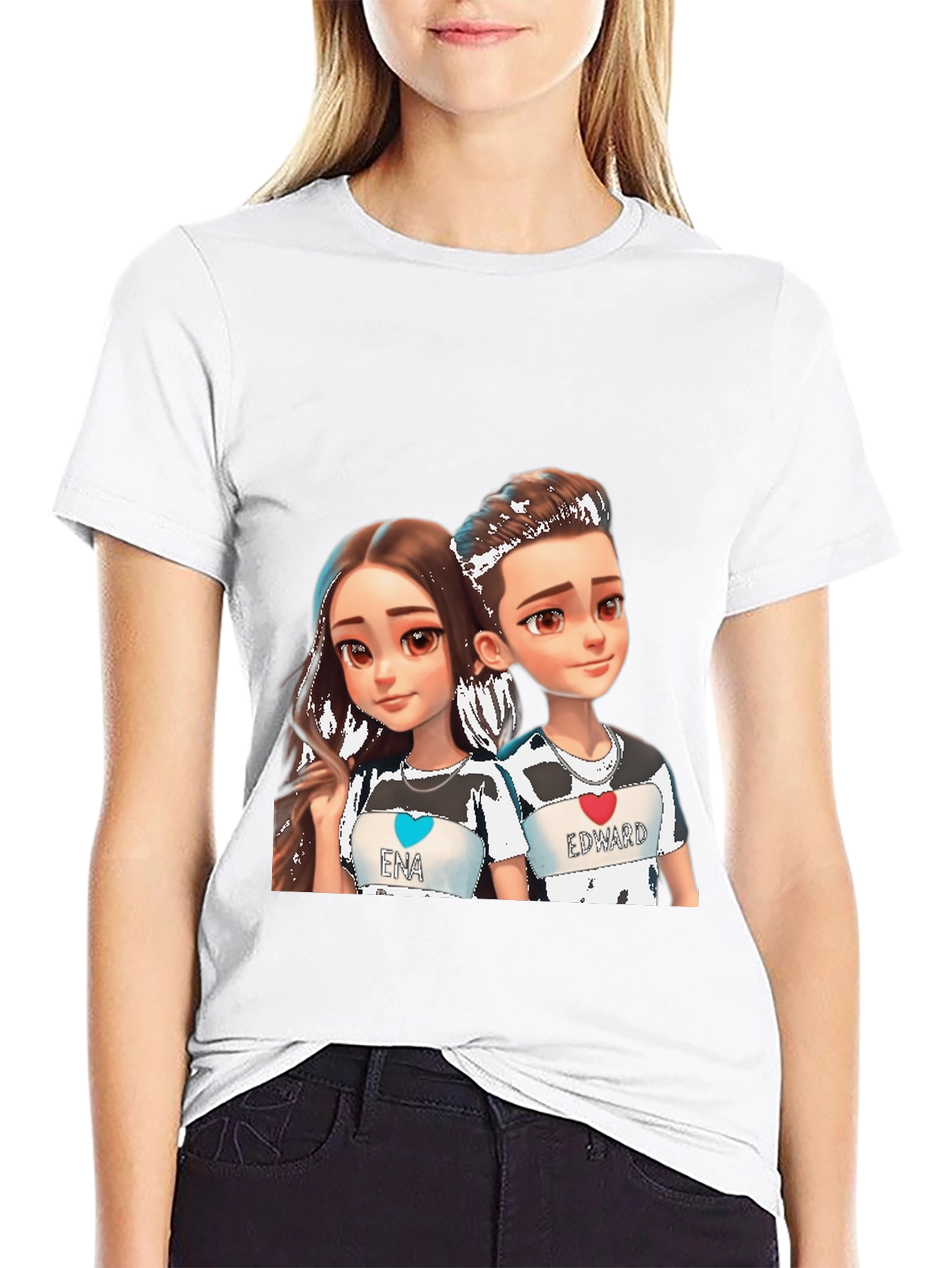 Cartoon Couple Black T-Shirt - Ena & Edward