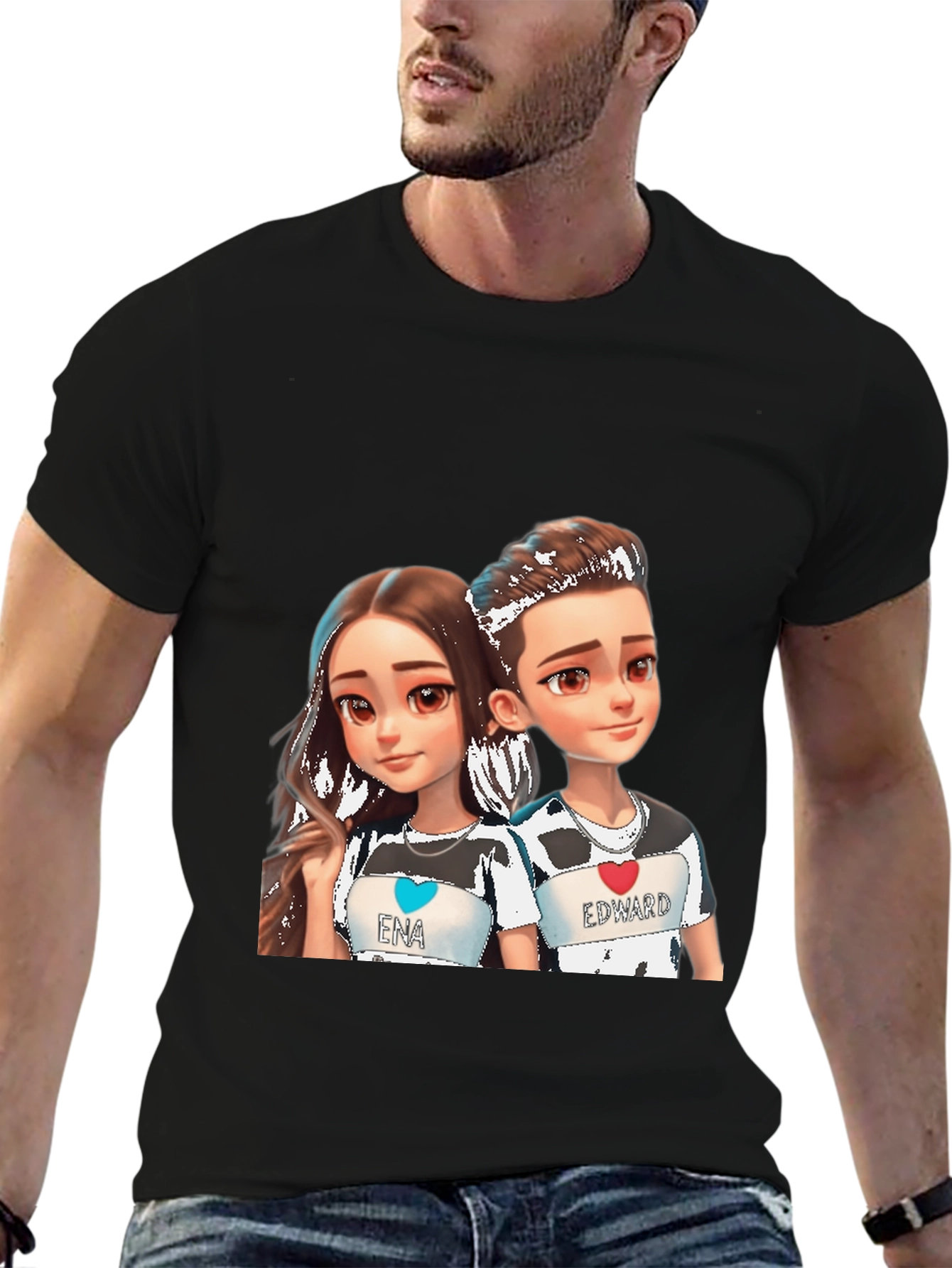 Cartoon Couple Black T-Shirt - Ena & Edward
