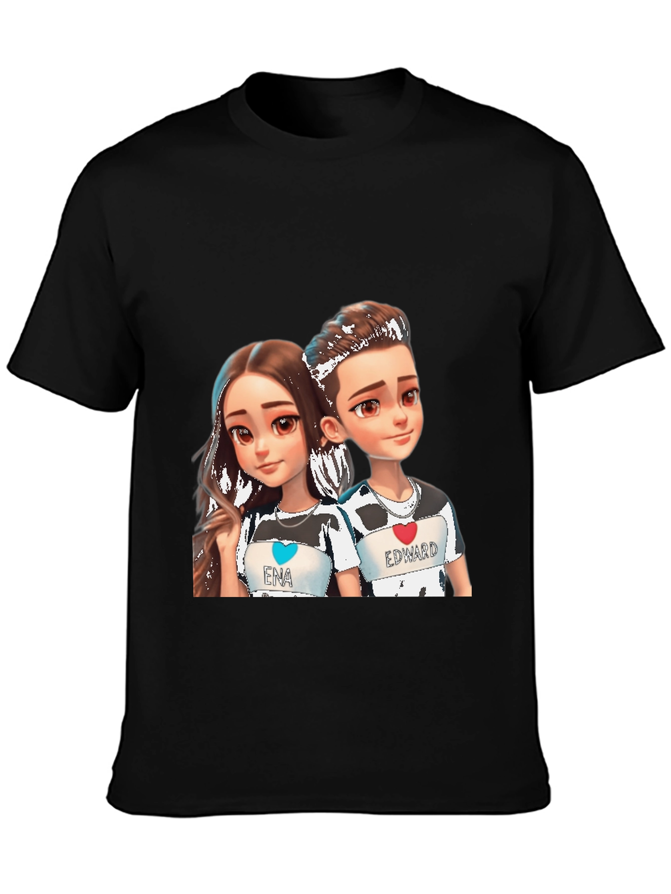Cartoon Couple Black T-Shirt - Ena & Edward