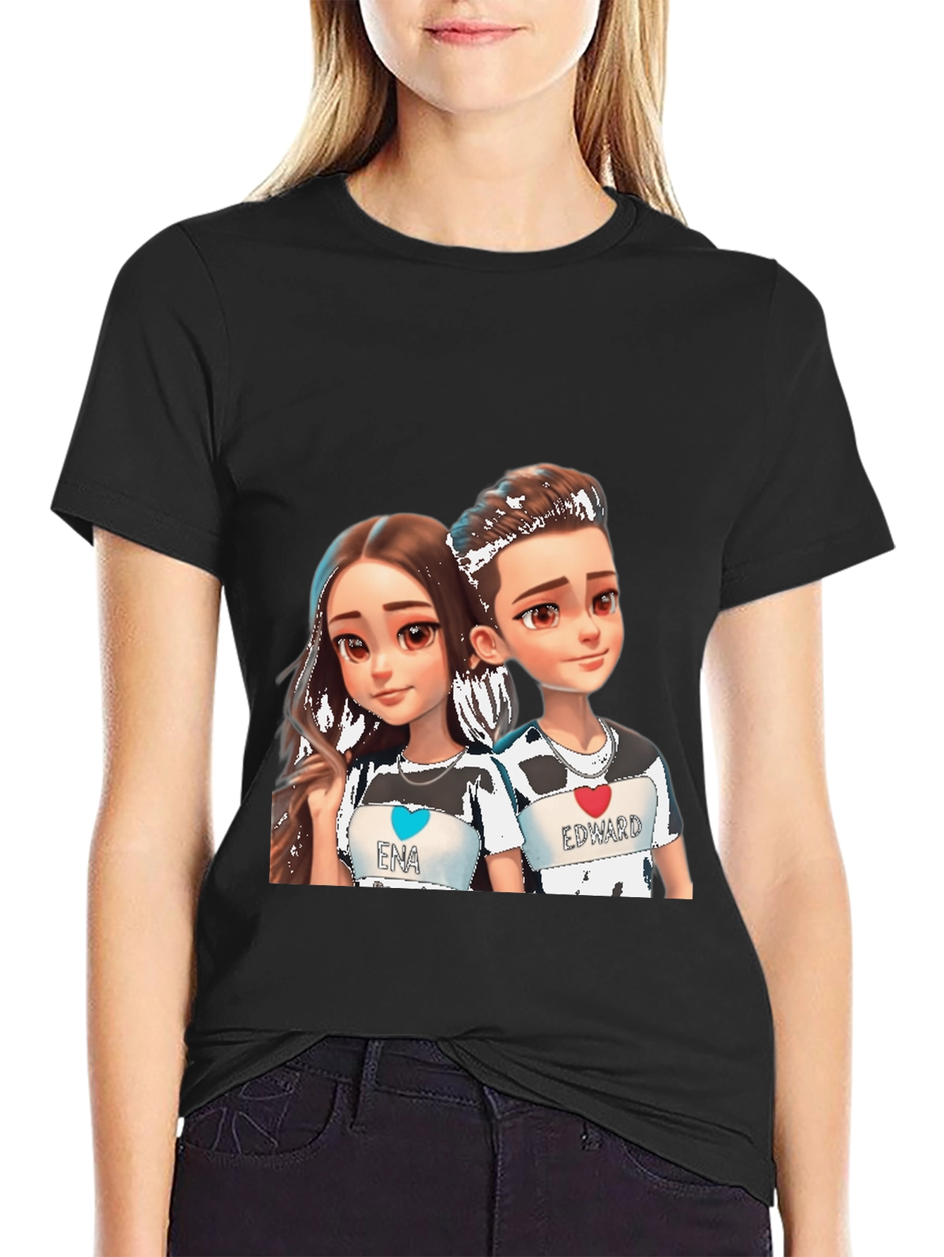 Cartoon Couple Black T-Shirt - Ena & Edward