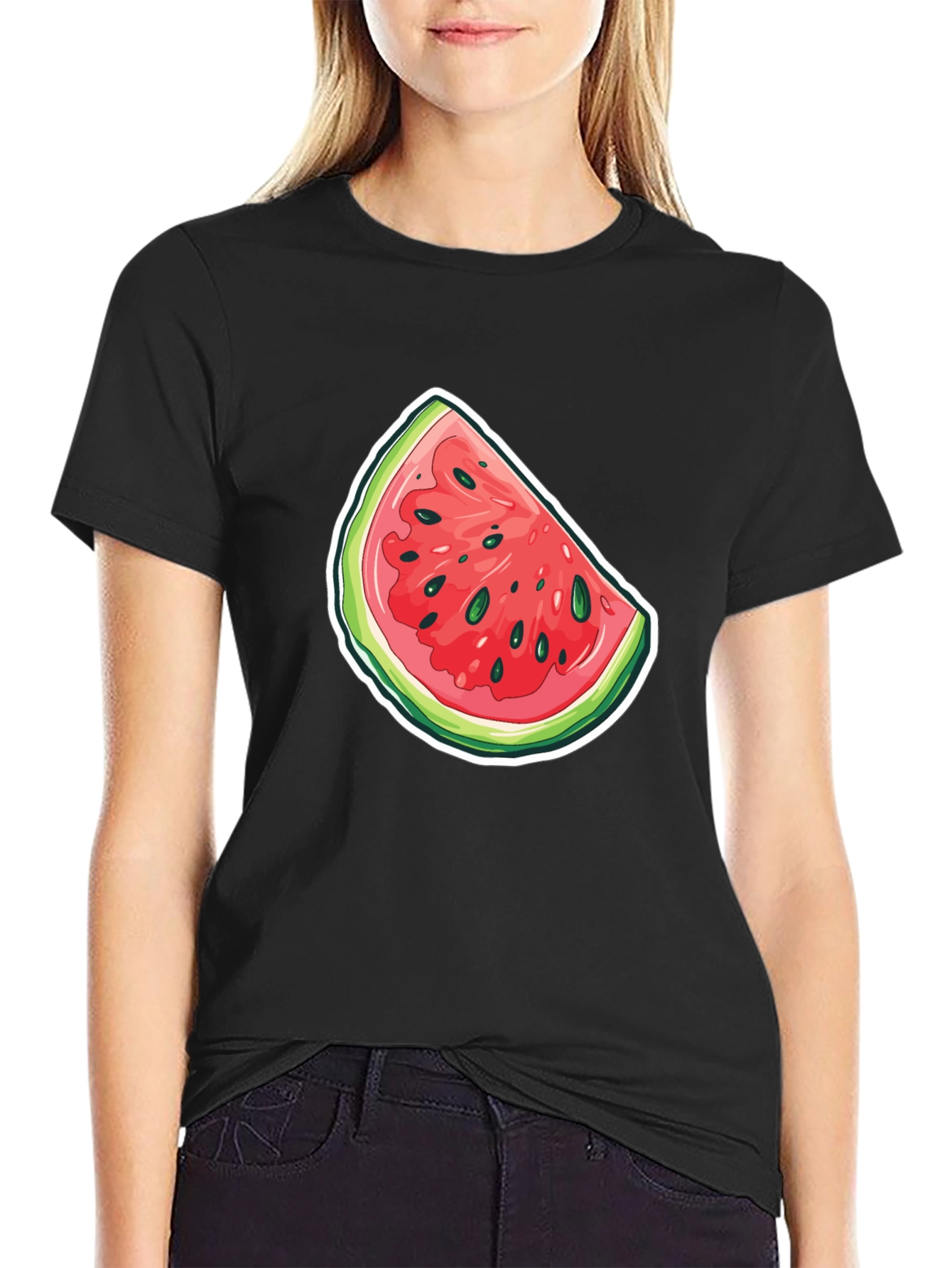 Watermelon Slice Graphic Tee - Black Cotton T-Shirt