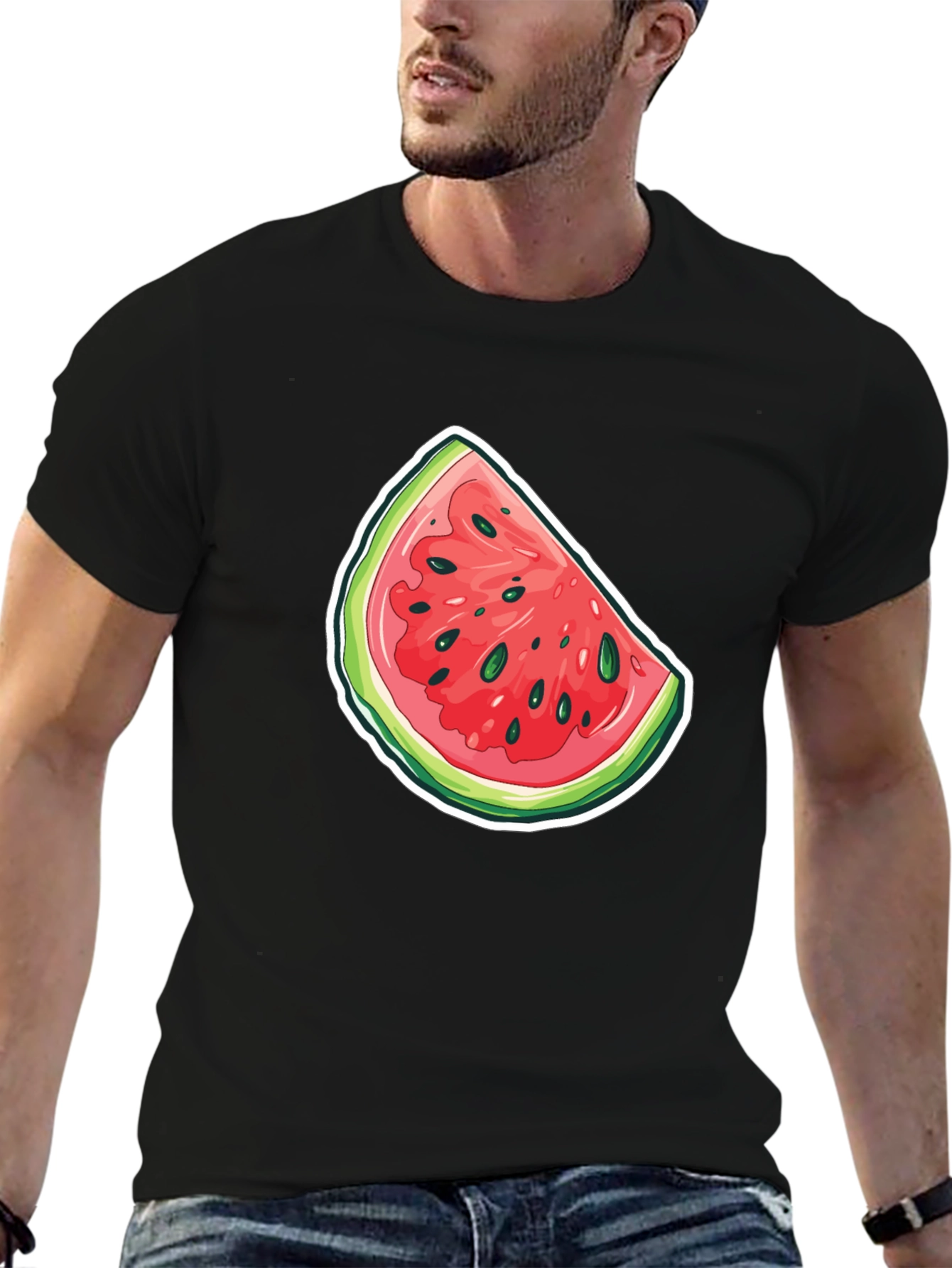 Watermelon Slice Graphic Tee - Black Cotton T-Shirt