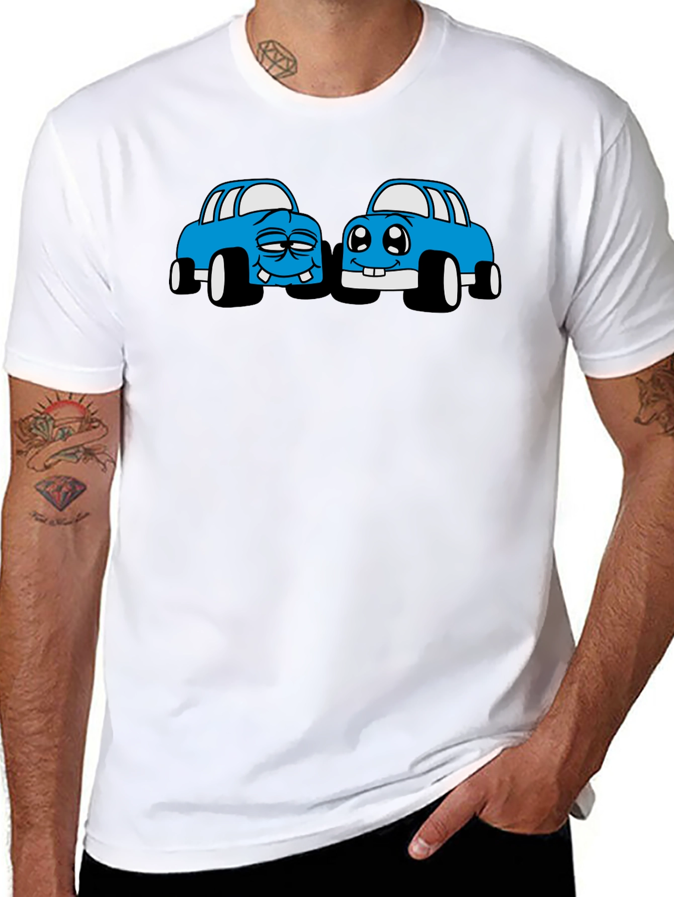 Cartoon Car Graphic Tee - Black Cotton T-Shirt