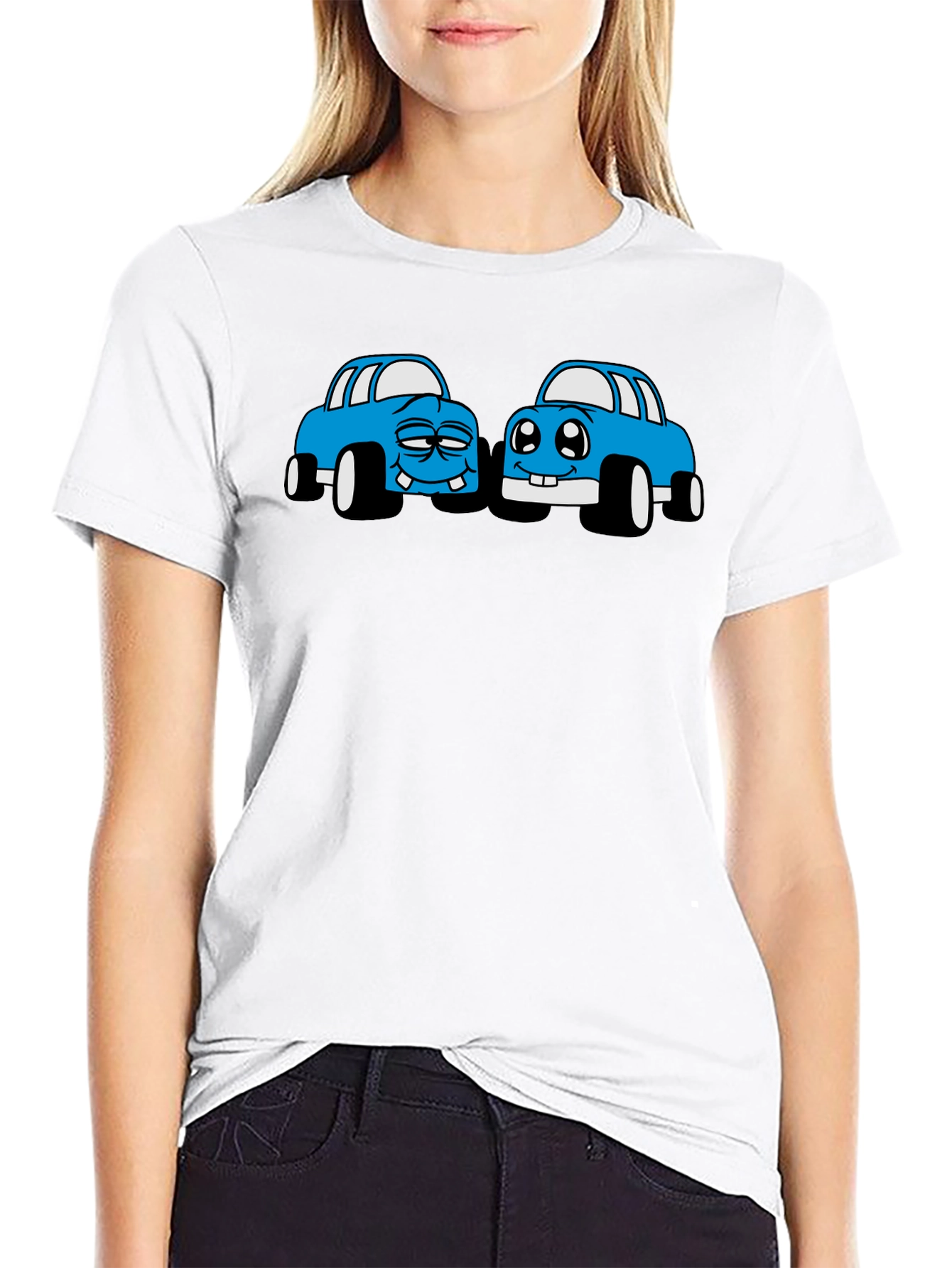 Cartoon Car Graphic Tee - Black Cotton T-Shirt