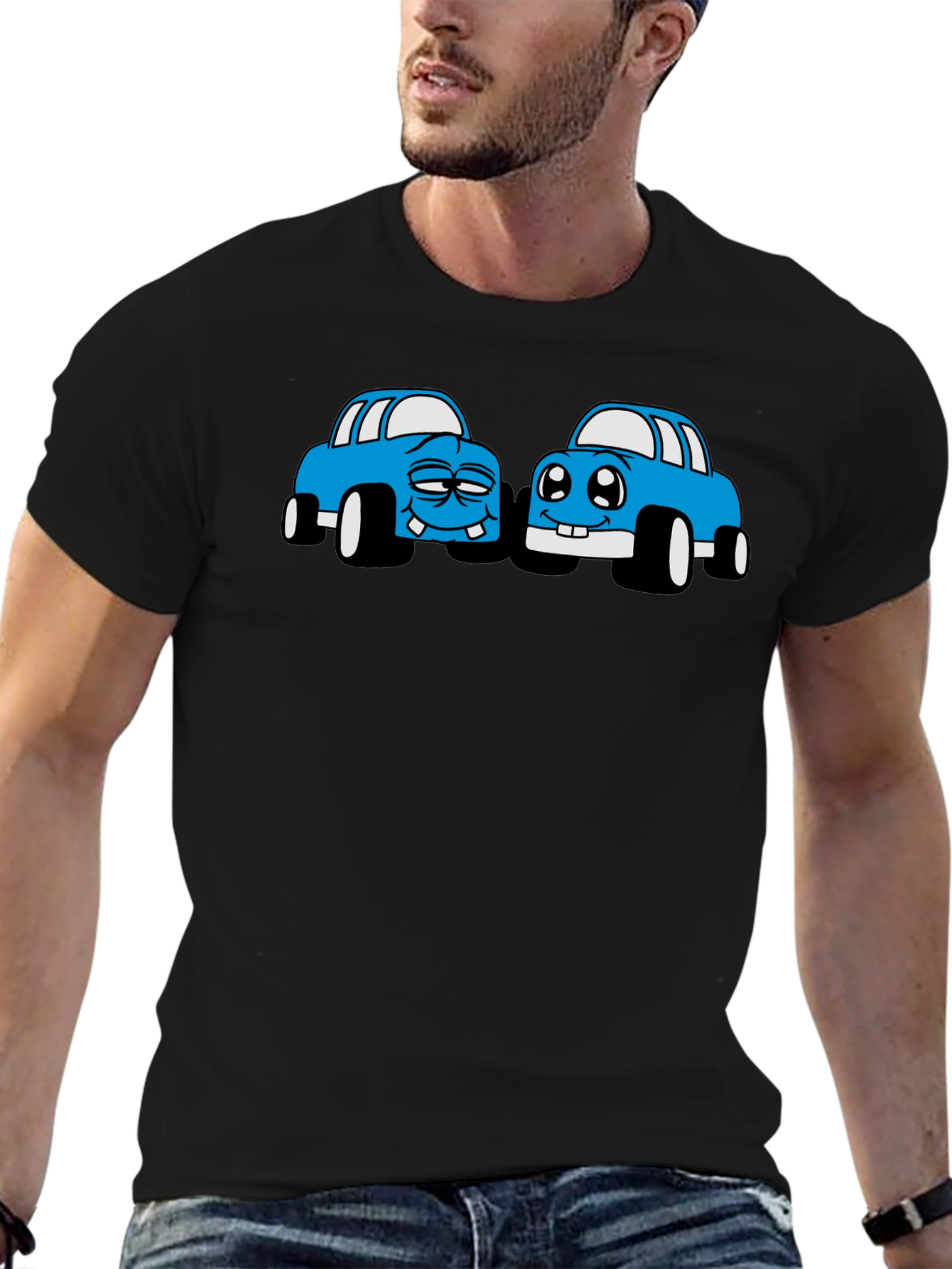 Cartoon Car Graphic Tee - Black Cotton T-Shirt