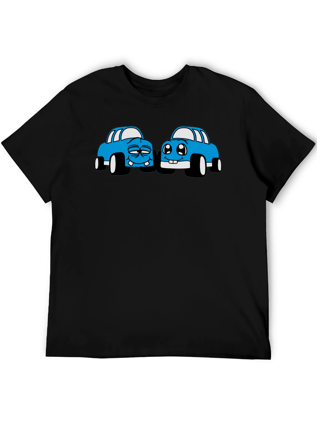 Cartoon Car Graphic Tee - Black Cotton T-Shirt