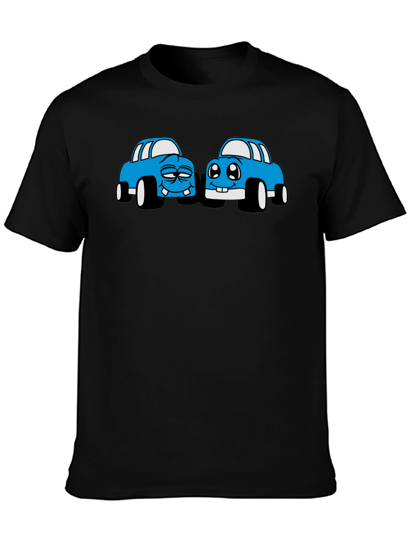 Cartoon Car Graphic Tee - Black Cotton T-Shirt
