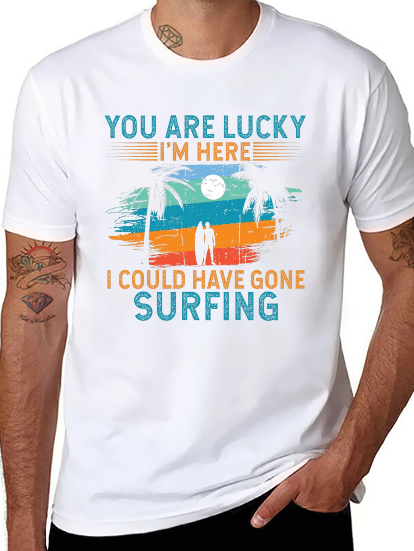 Lucky Im Here Surfing Graphic T-Shirt