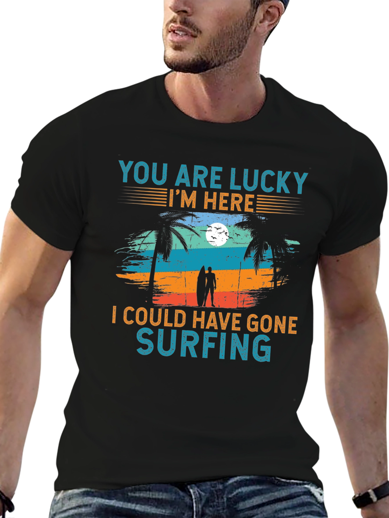 Lucky Im Here Surfing Graphic T-Shirt