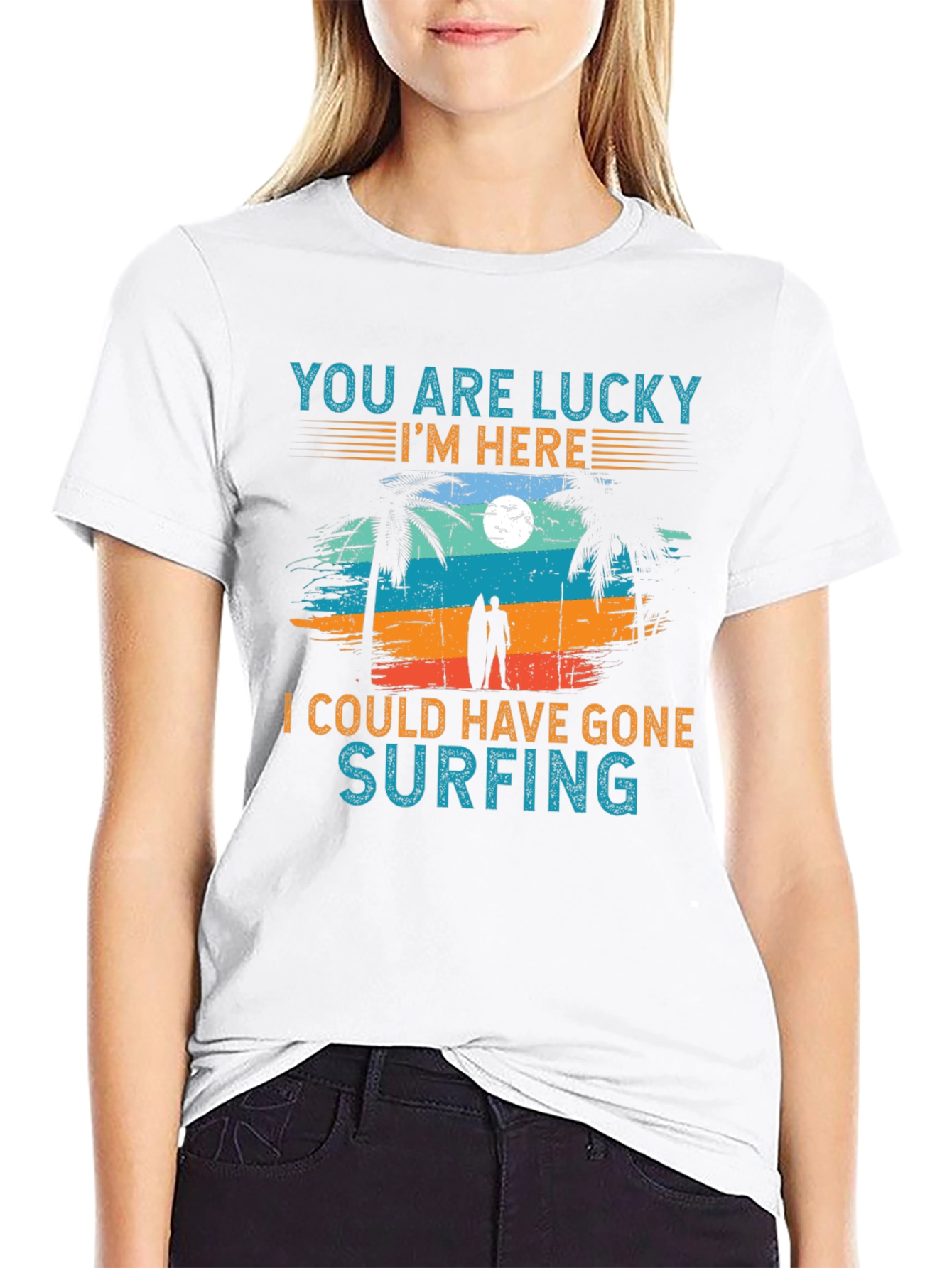 Lucky Im Here Surfing Graphic T-Shirt