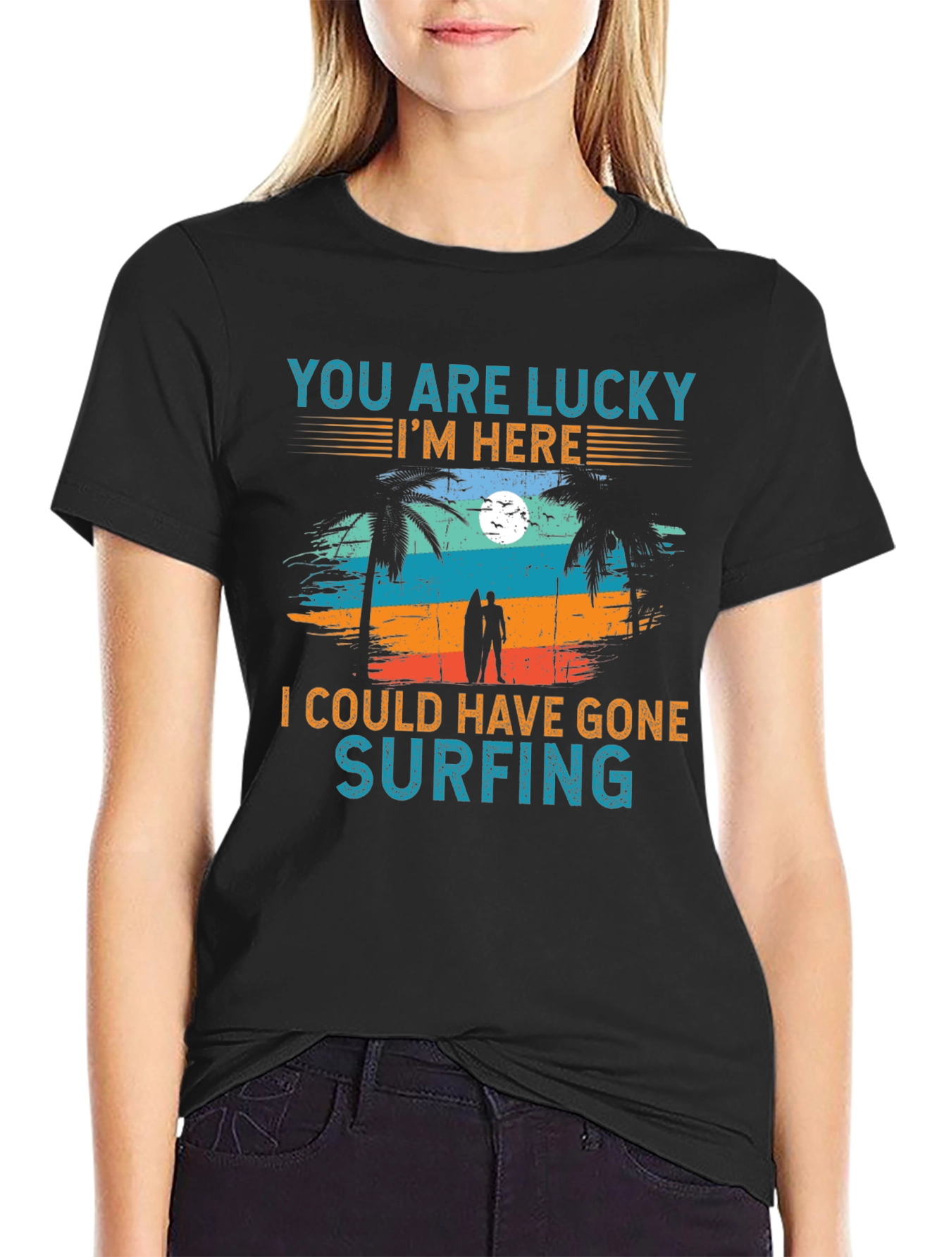 Lucky Im Here Surfing Graphic T-Shirt