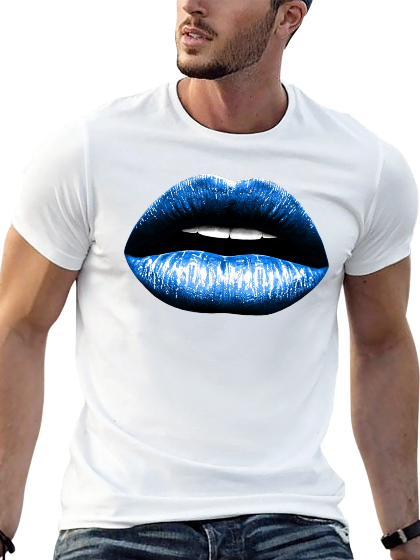 Blue Lips Graphic Black T-Shirt
