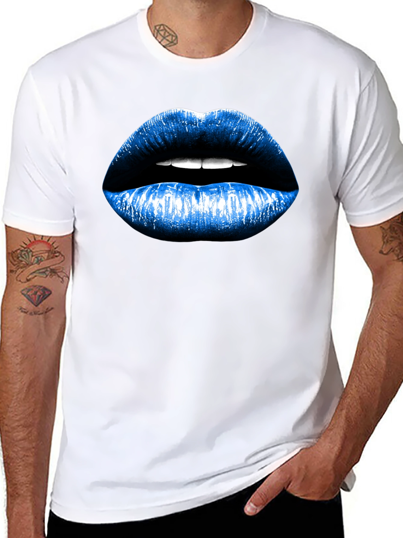 Blue Lips Graphic Black T-Shirt