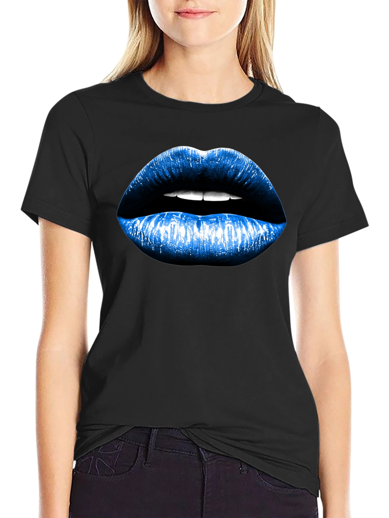 Blue Lips Graphic Black T-Shirt