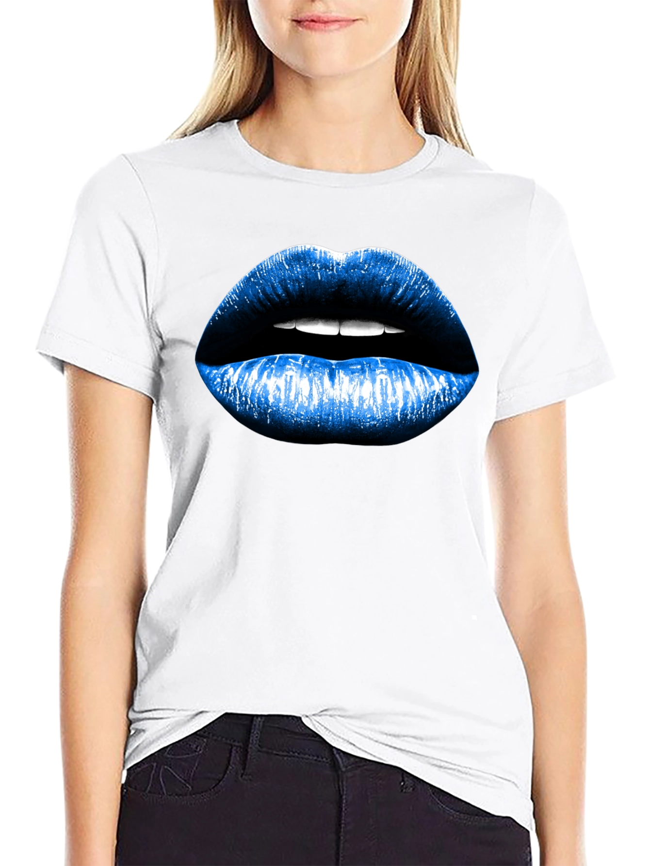 Blue Lips Graphic Black T-Shirt