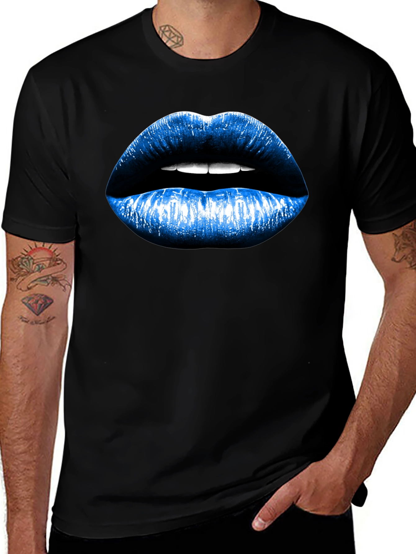 Blue Lips Graphic Black T-Shirt