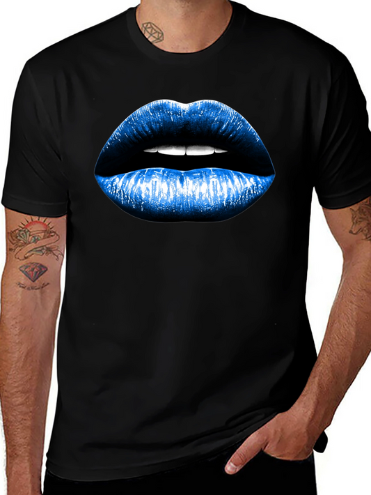 Blue Lips Graphic Black T-Shirt