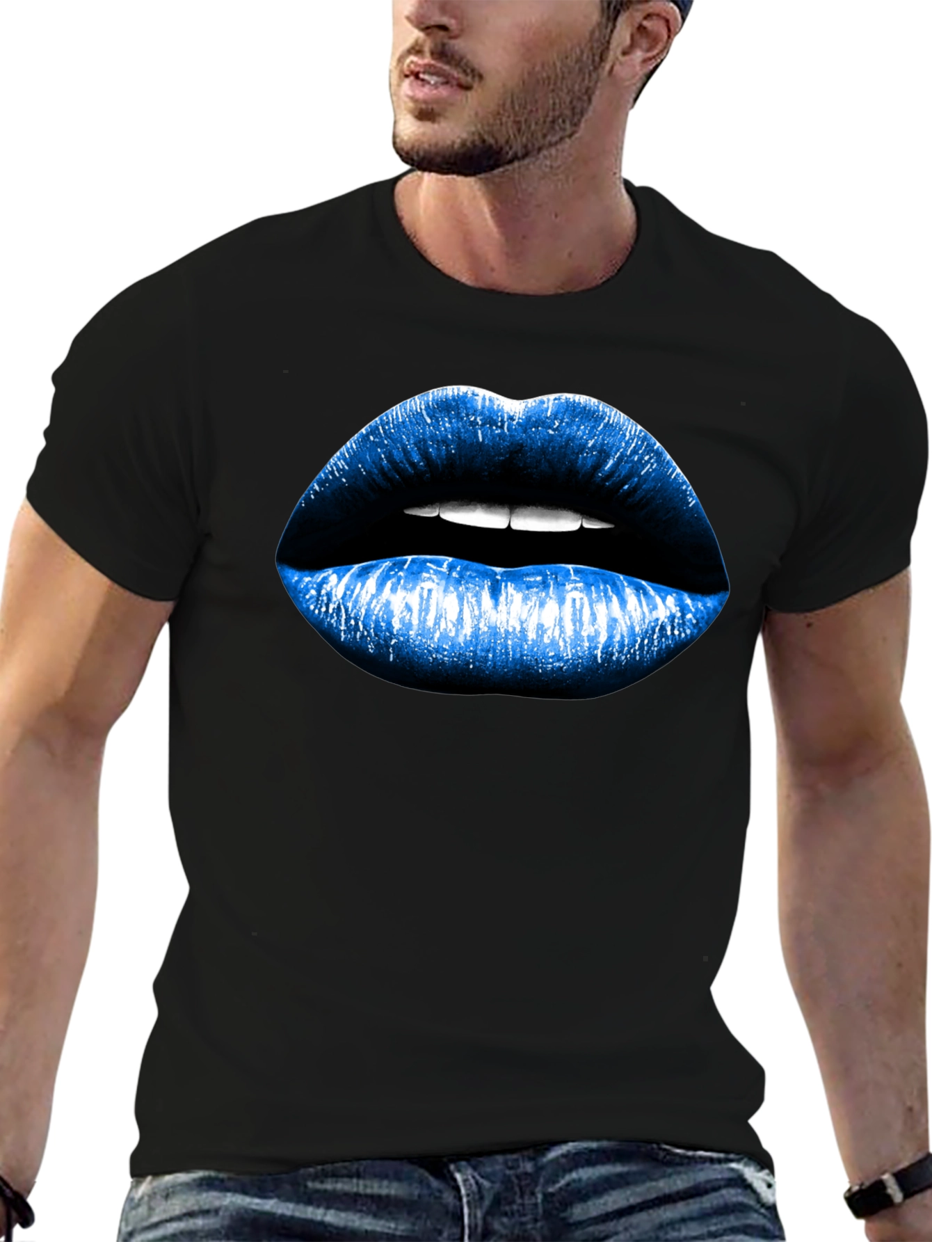Blue Lips Graphic Black T-Shirt
