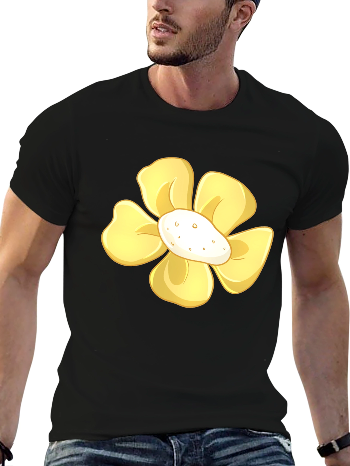 Yellow Flower Graphic Print Black T-Shirt