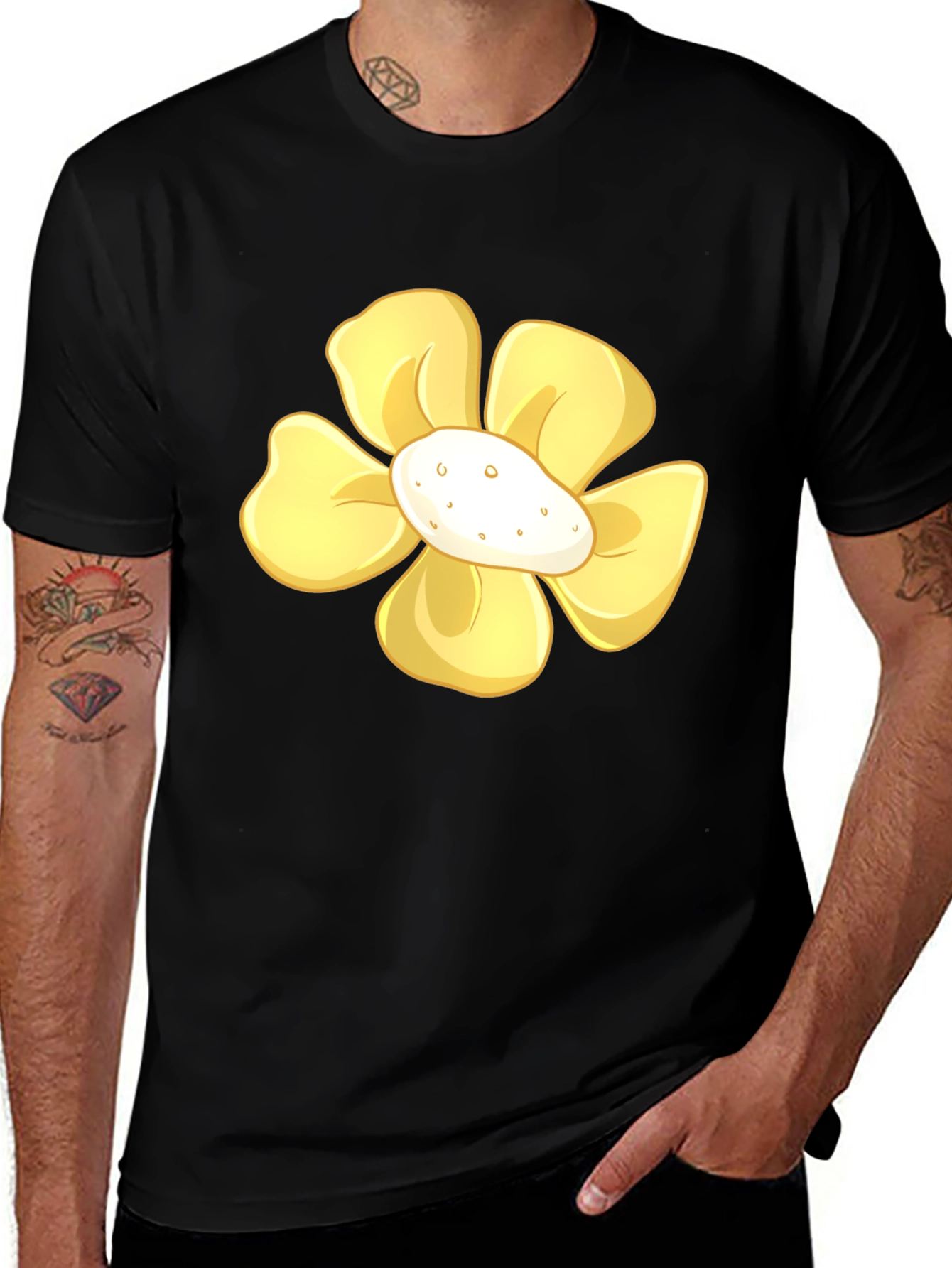 Yellow Flower Graphic Print Black T-Shirt