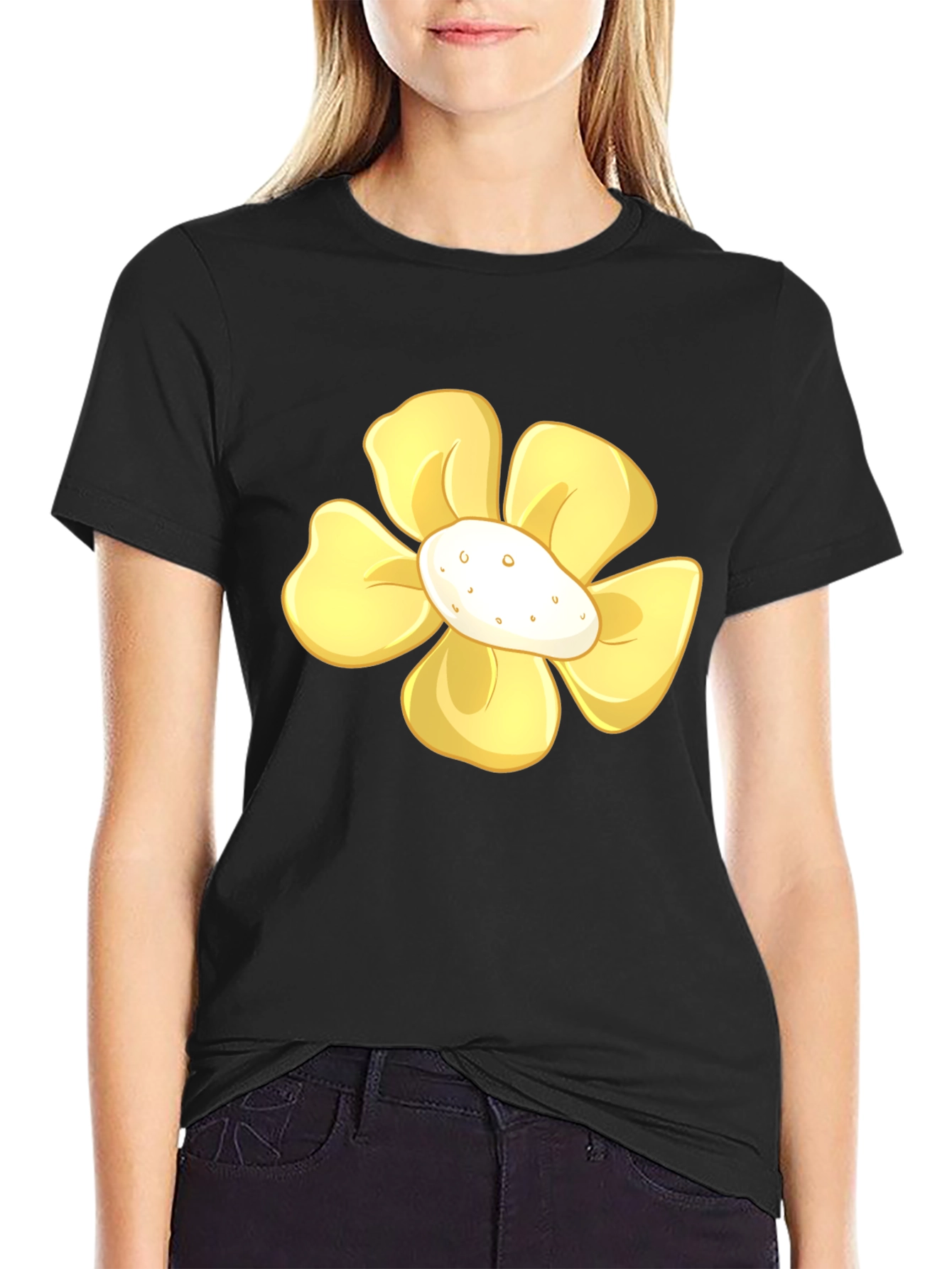 Yellow Flower Graphic Print Black T-Shirt