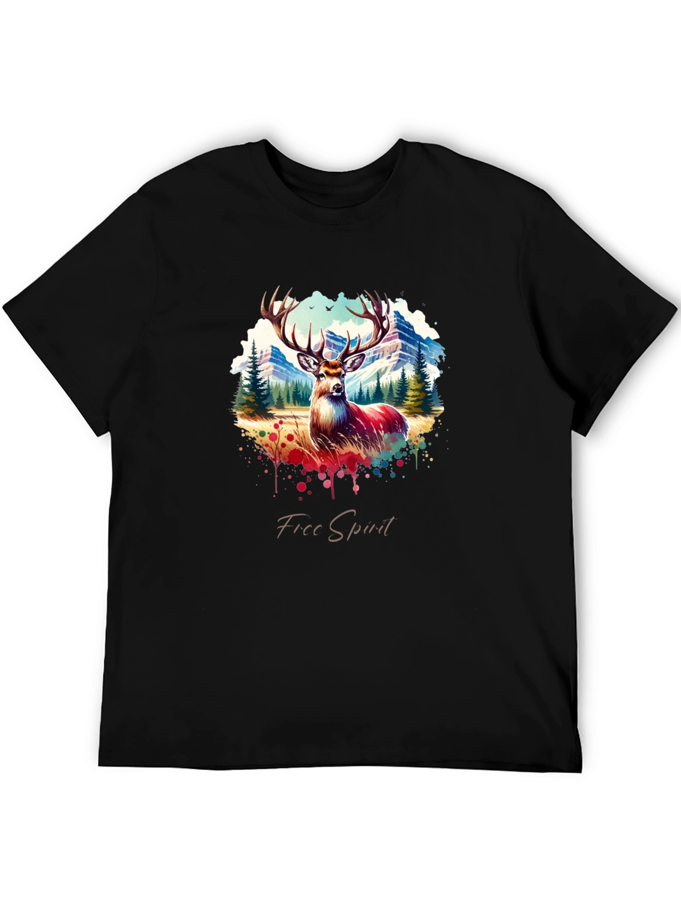 Mens Black Deer Graphic Tee - Free Spirit Design
