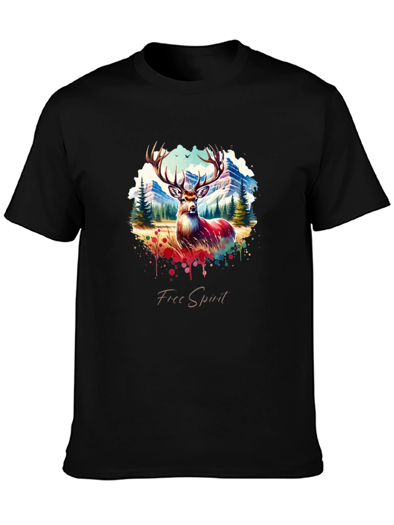 Mens Black Deer Graphic Tee - Free Spirit Design