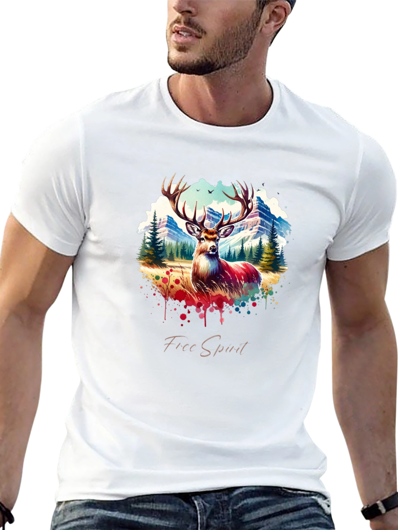 Mens Black Deer Graphic Tee - Free Spirit Design